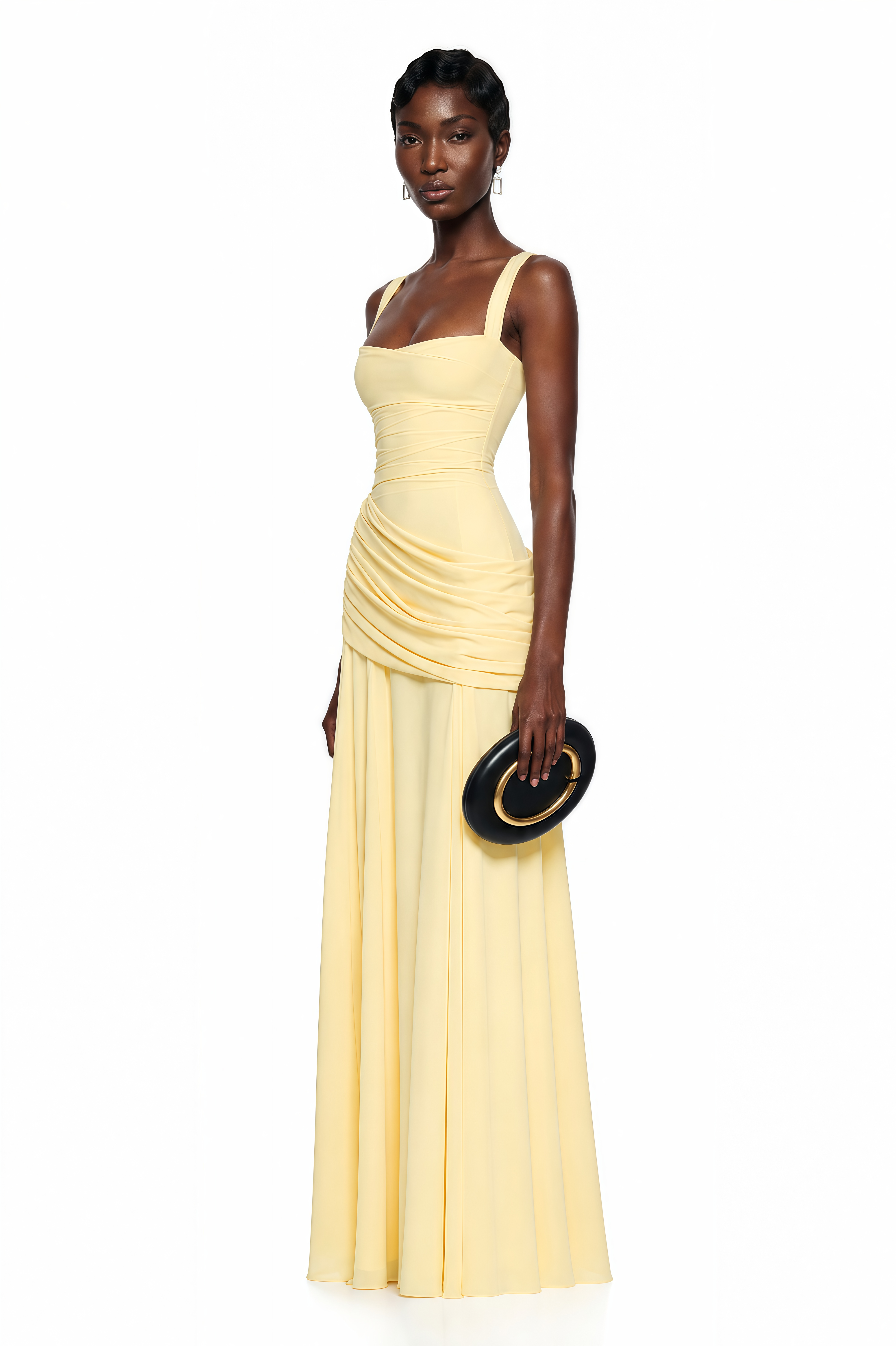 Yellow maxi dress with thick straps, a gathered corset bodice, and a draped asymmetric skirt