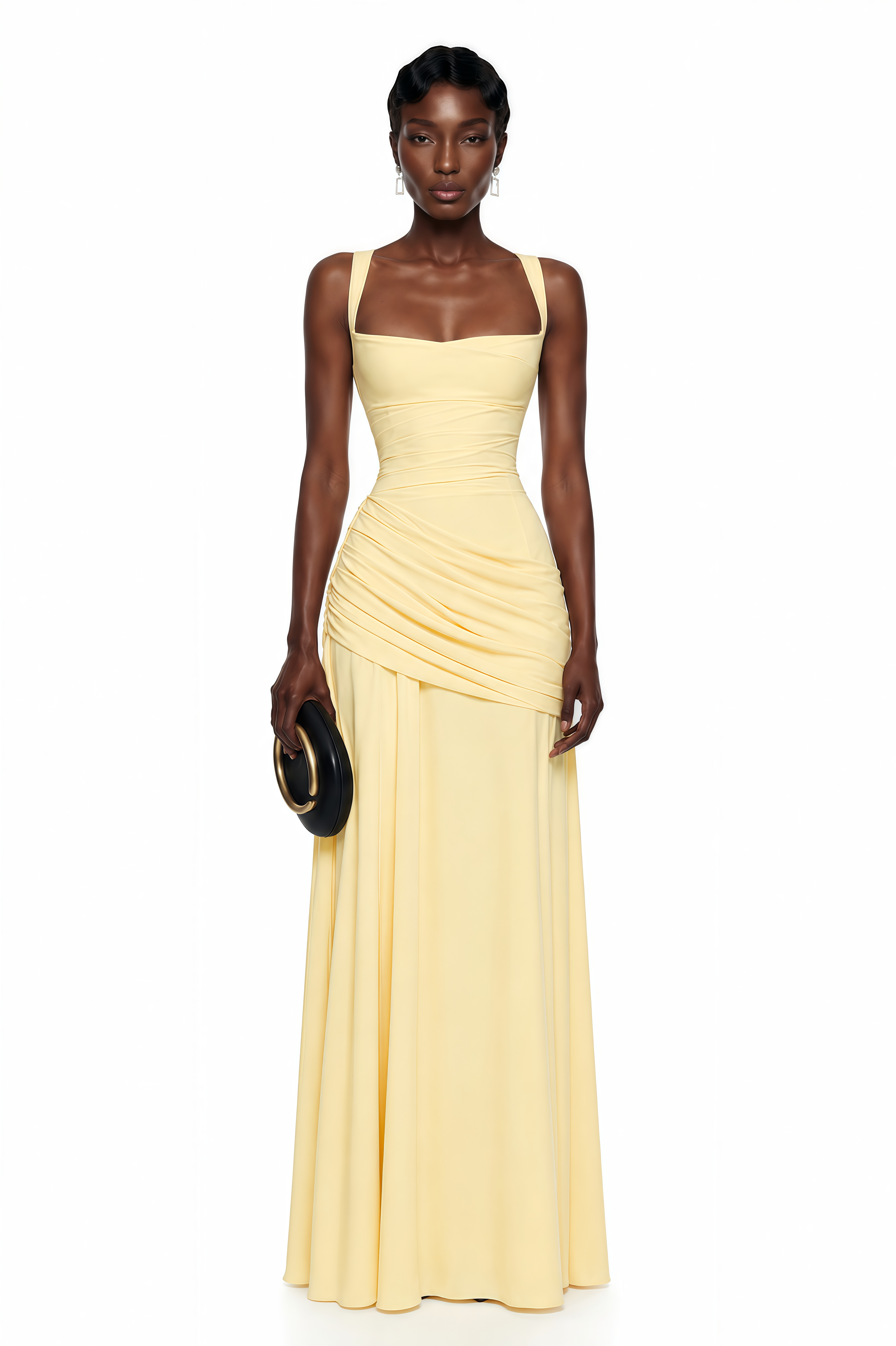 Yellow maxi dress with thick straps, a gathered corset bodice, and a draped asymmetric skirt