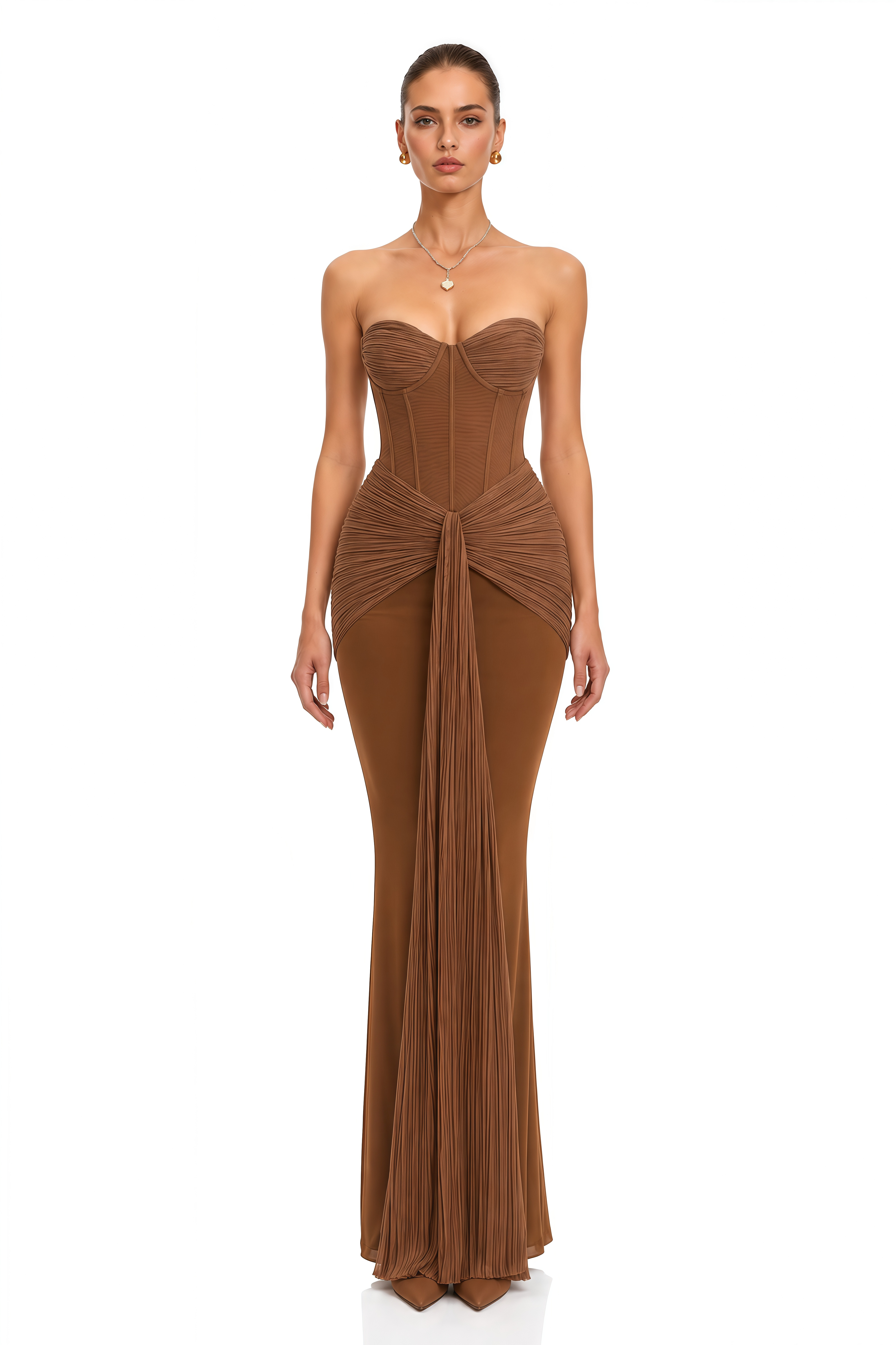 Sara Brown Strapless Corset Ruched Maxi Dress