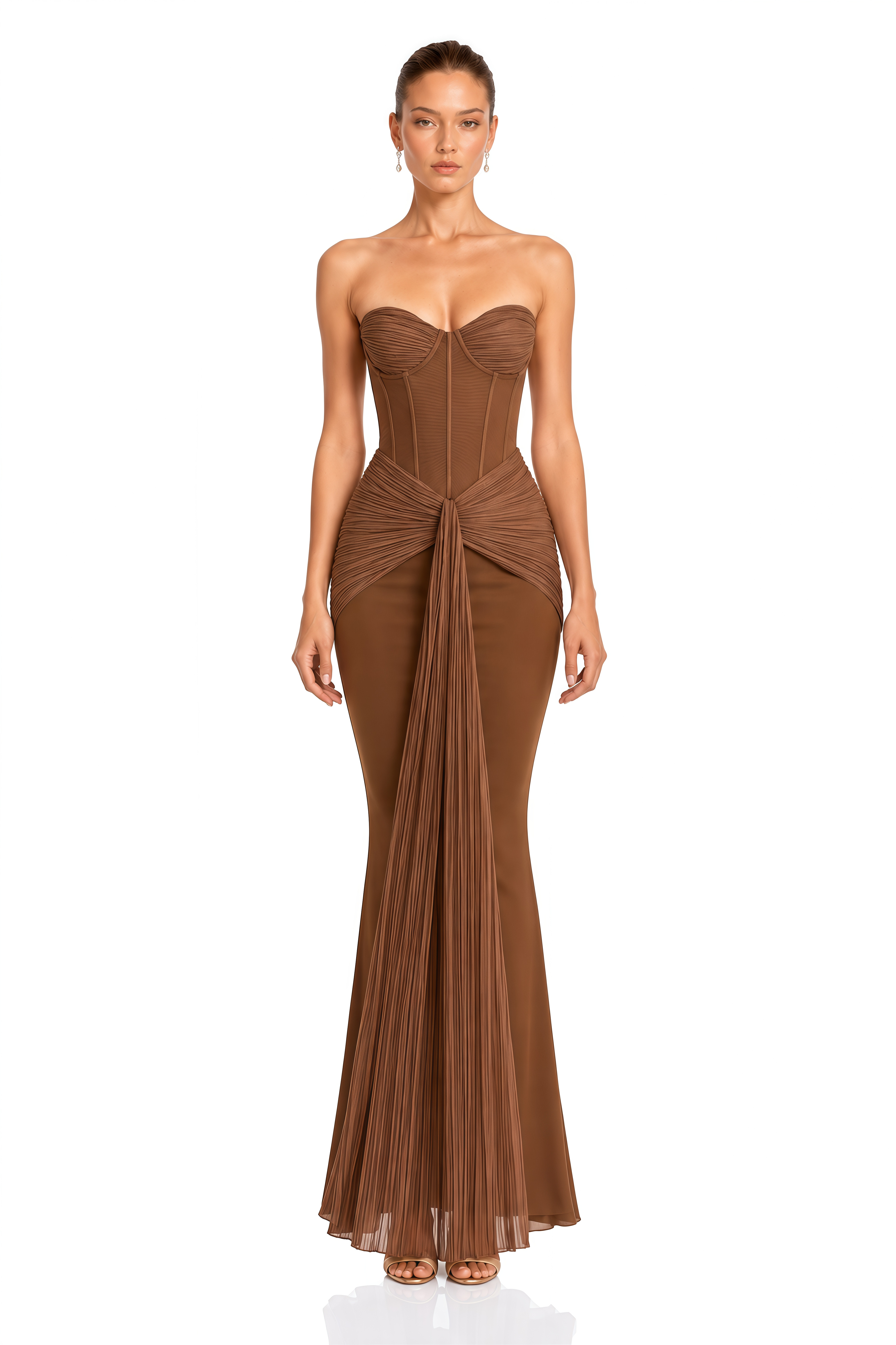 Sara Brown Strapless Corset Ruched Maxi Dress