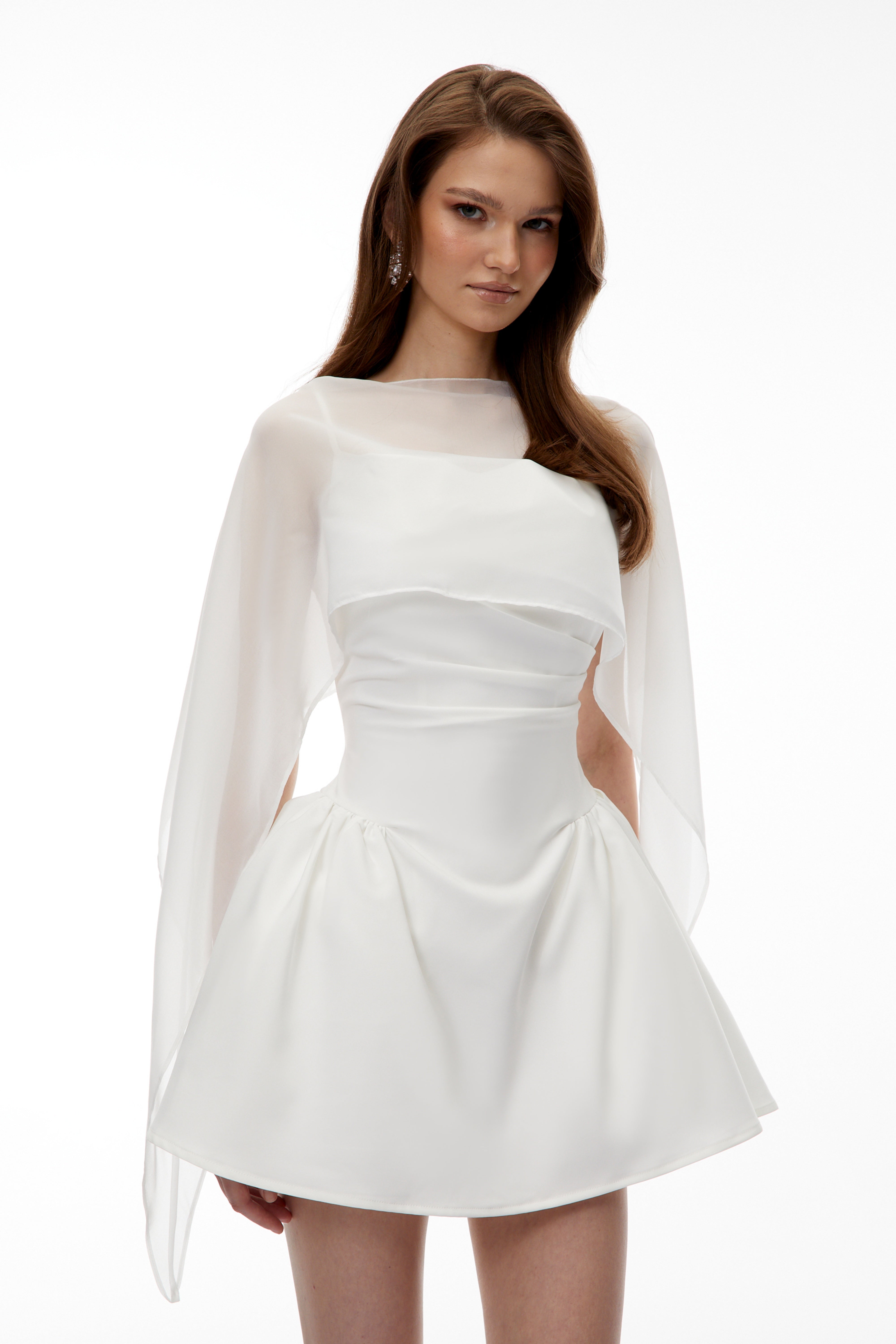 White Cinched Waist Mini Dress with Cape