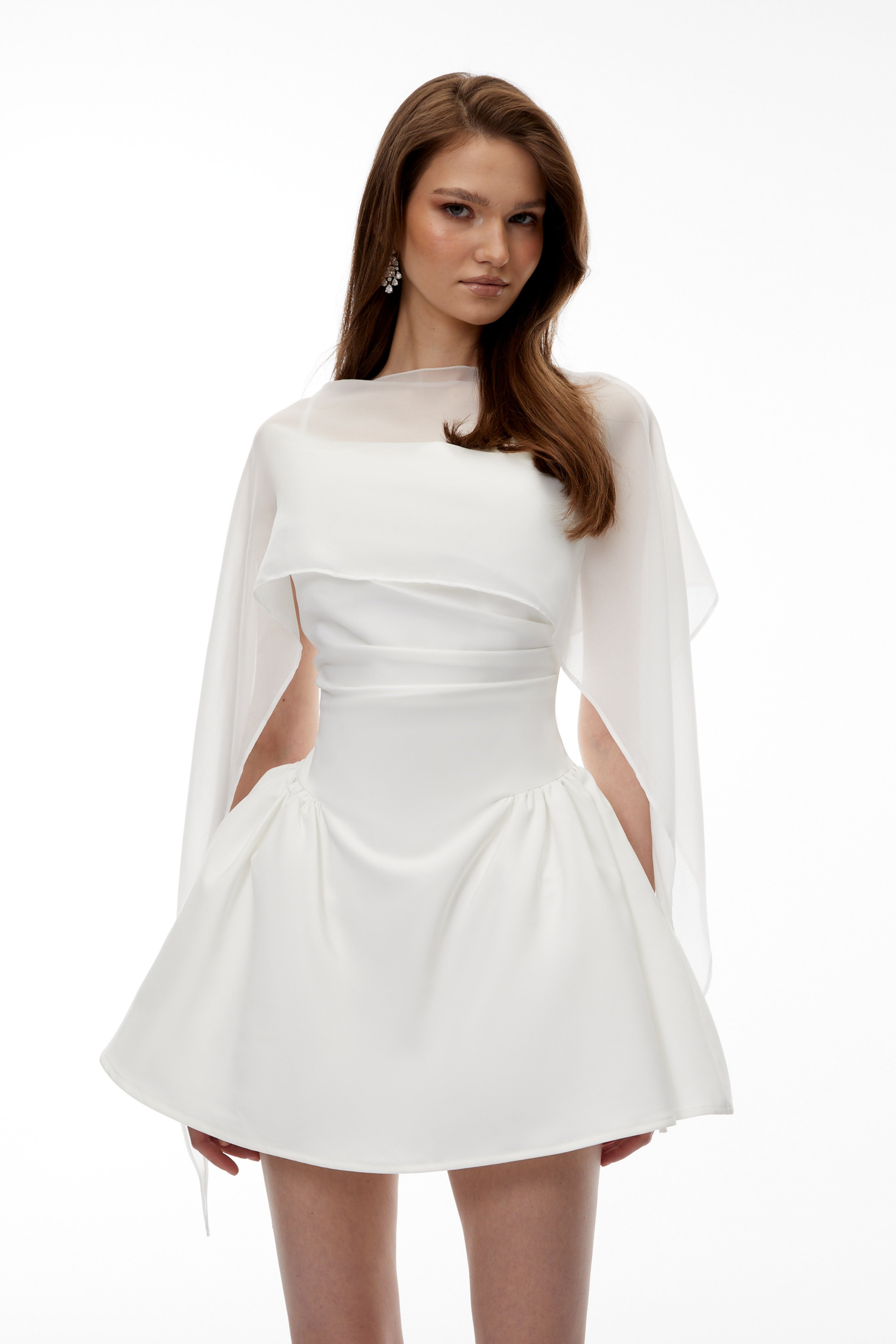 White Cinched Waist Mini Dress with Cape