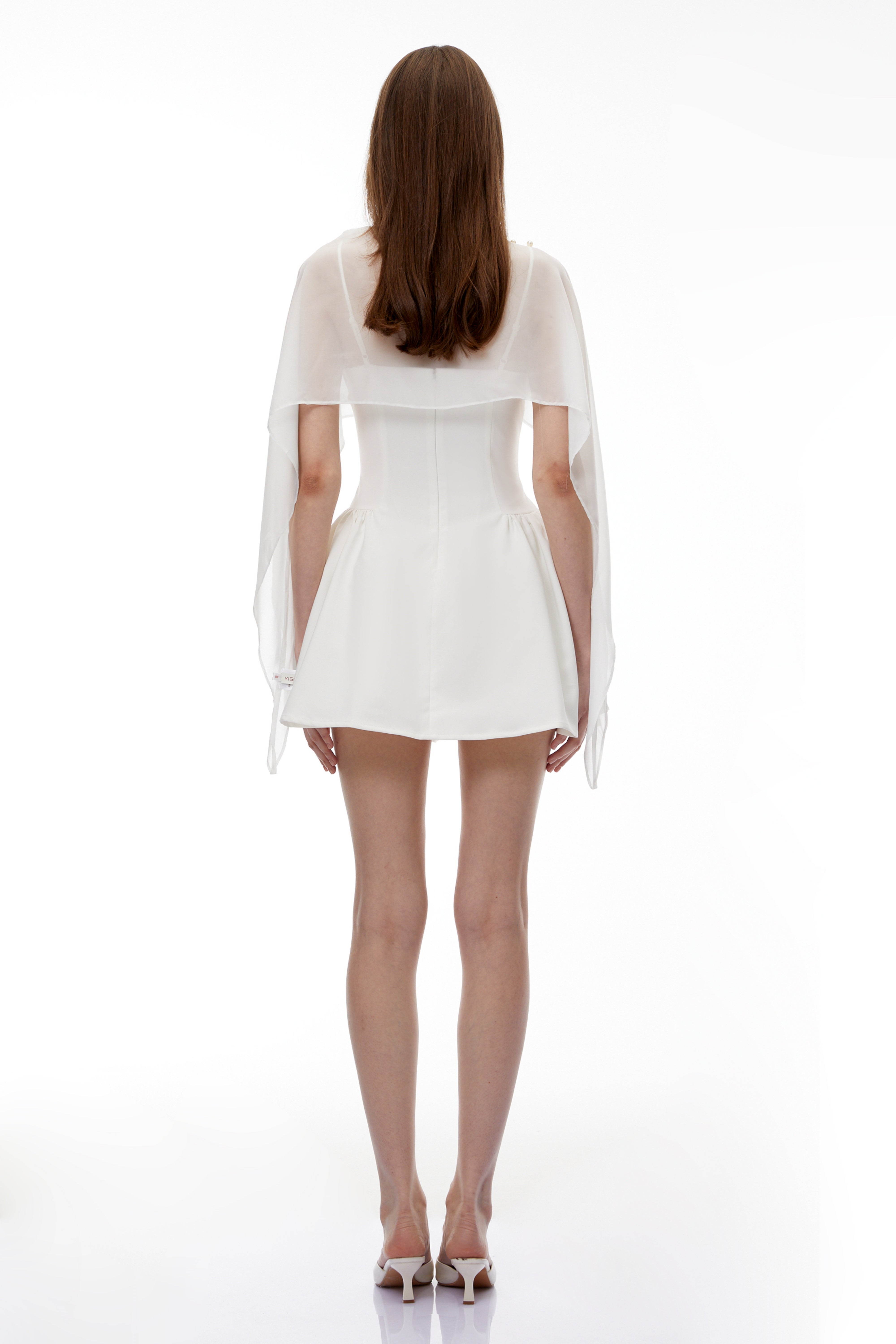 White Cinched Waist Mini Dress with Cape