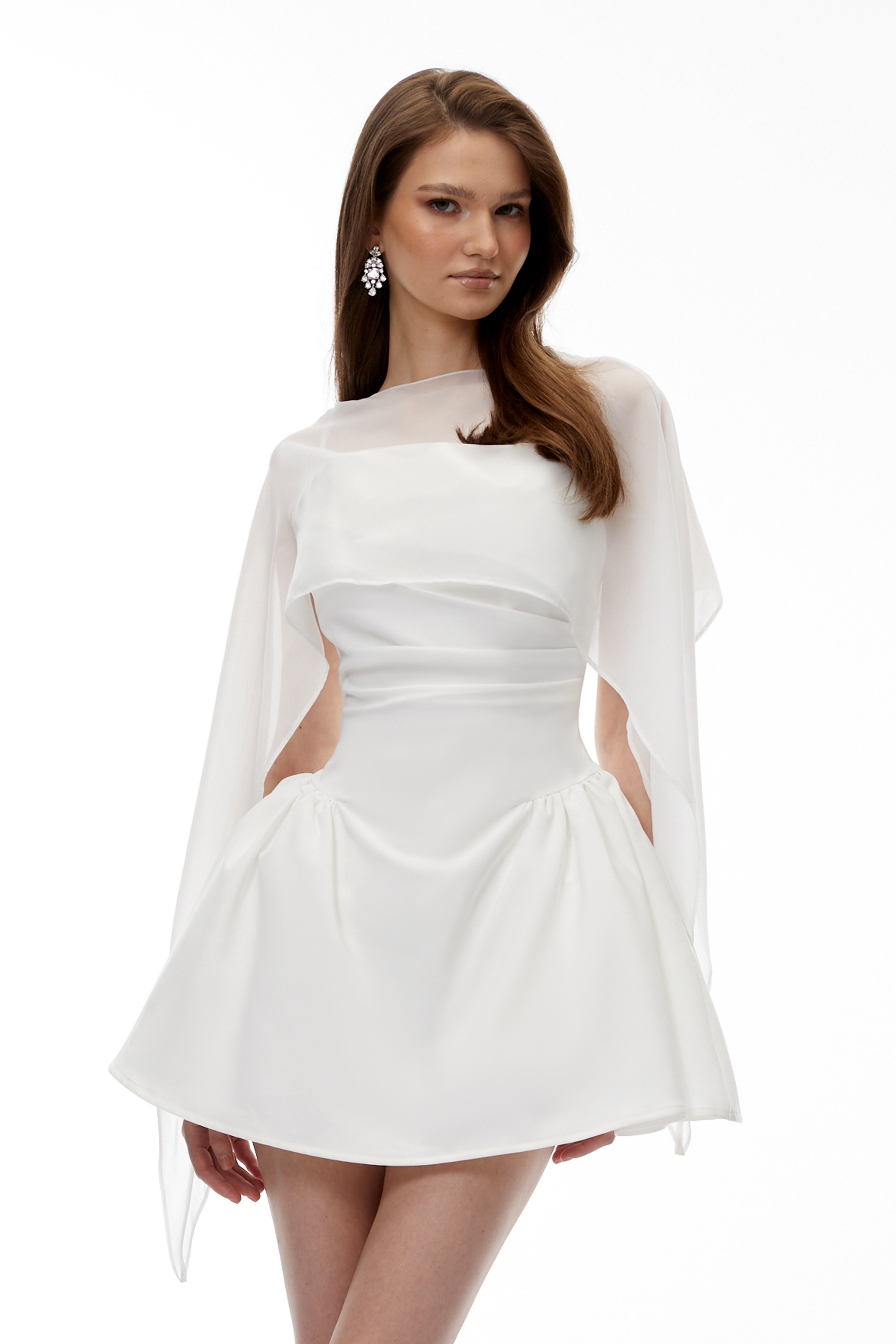 White Cinched Waist Mini Dress with Cape