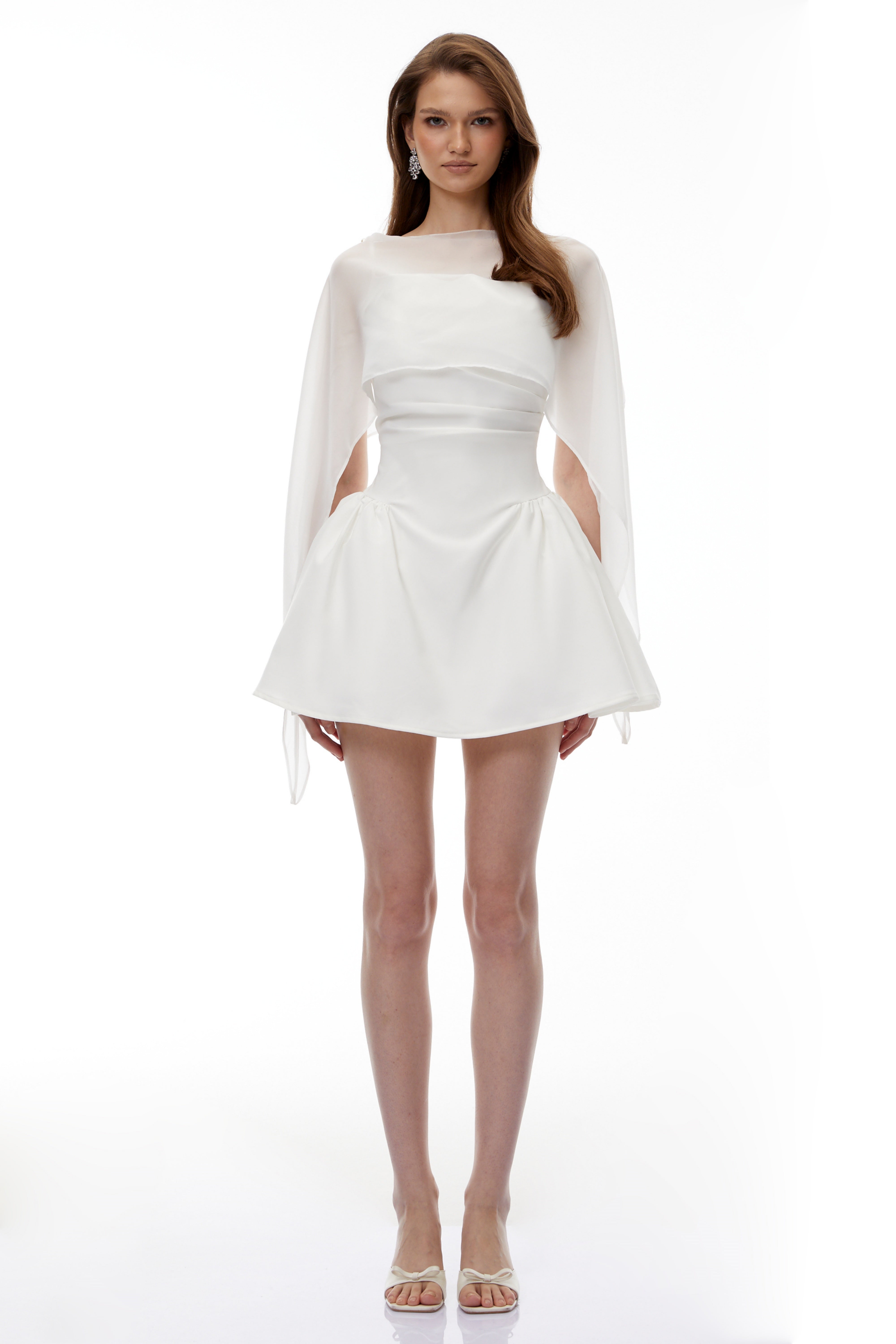 White Cinched Waist Mini Dress with Cape