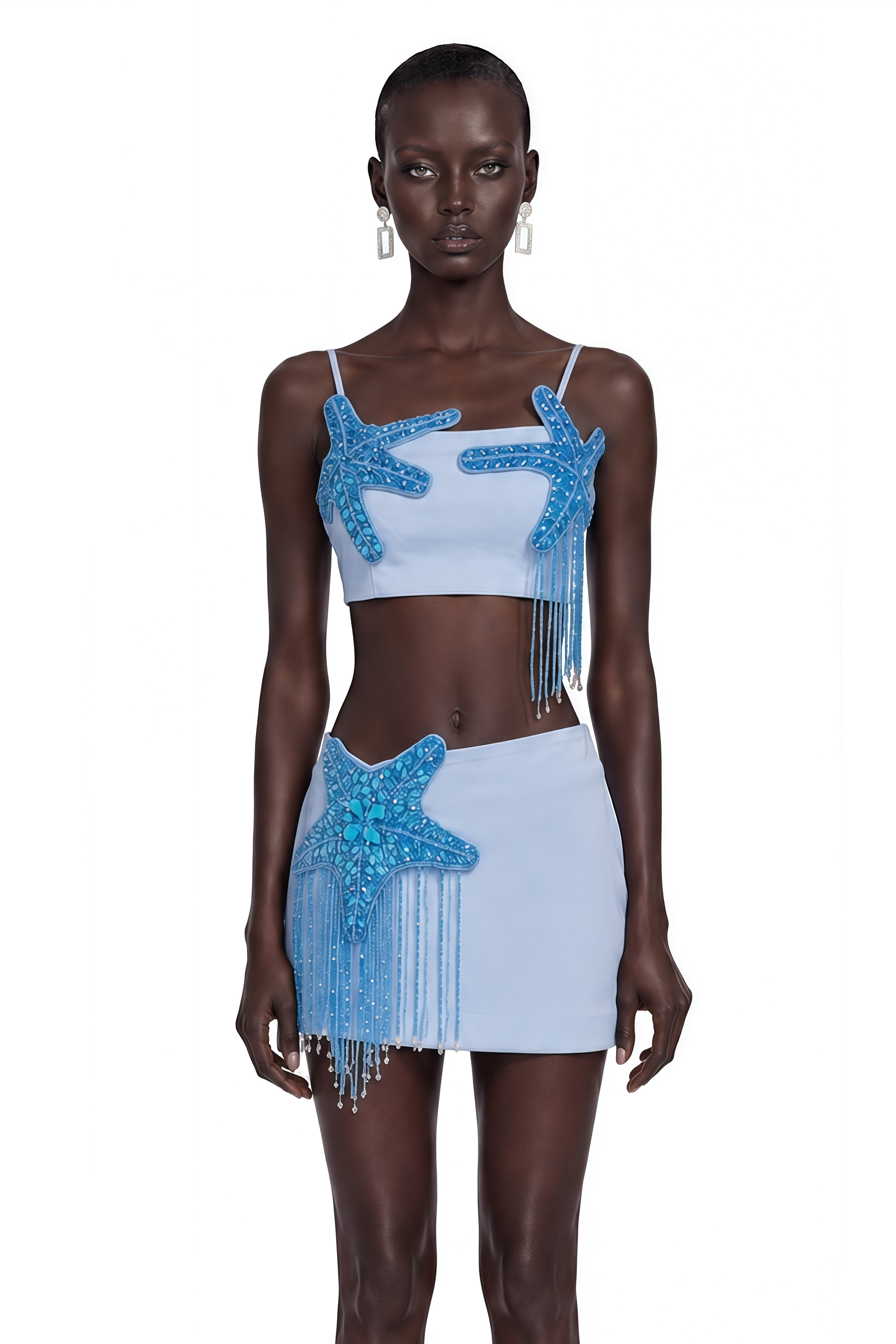 Sarai Blue Starfish Embellished Top & Fringe Skirt Set