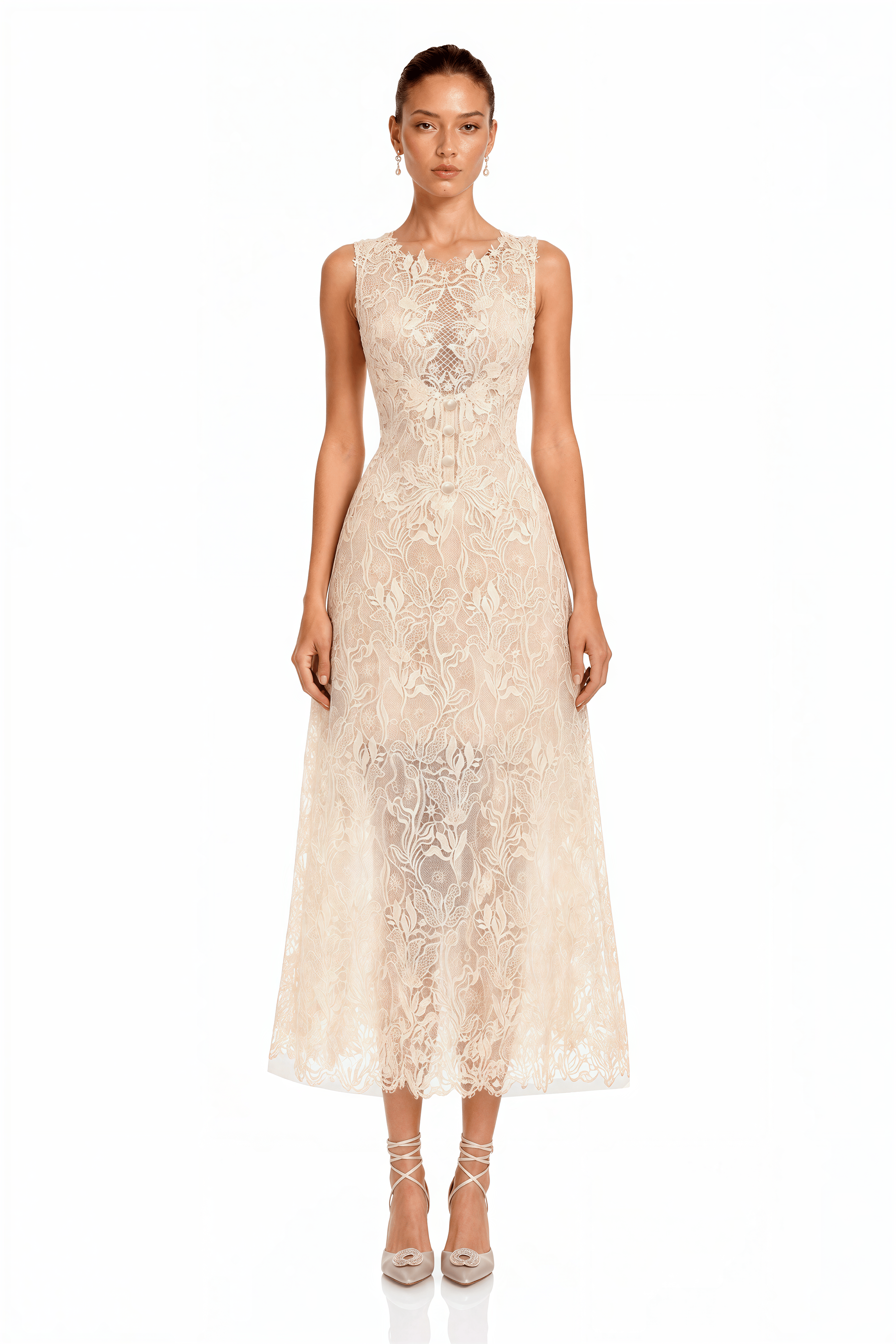Sarlota Neutral Floral Lace Midi Dress