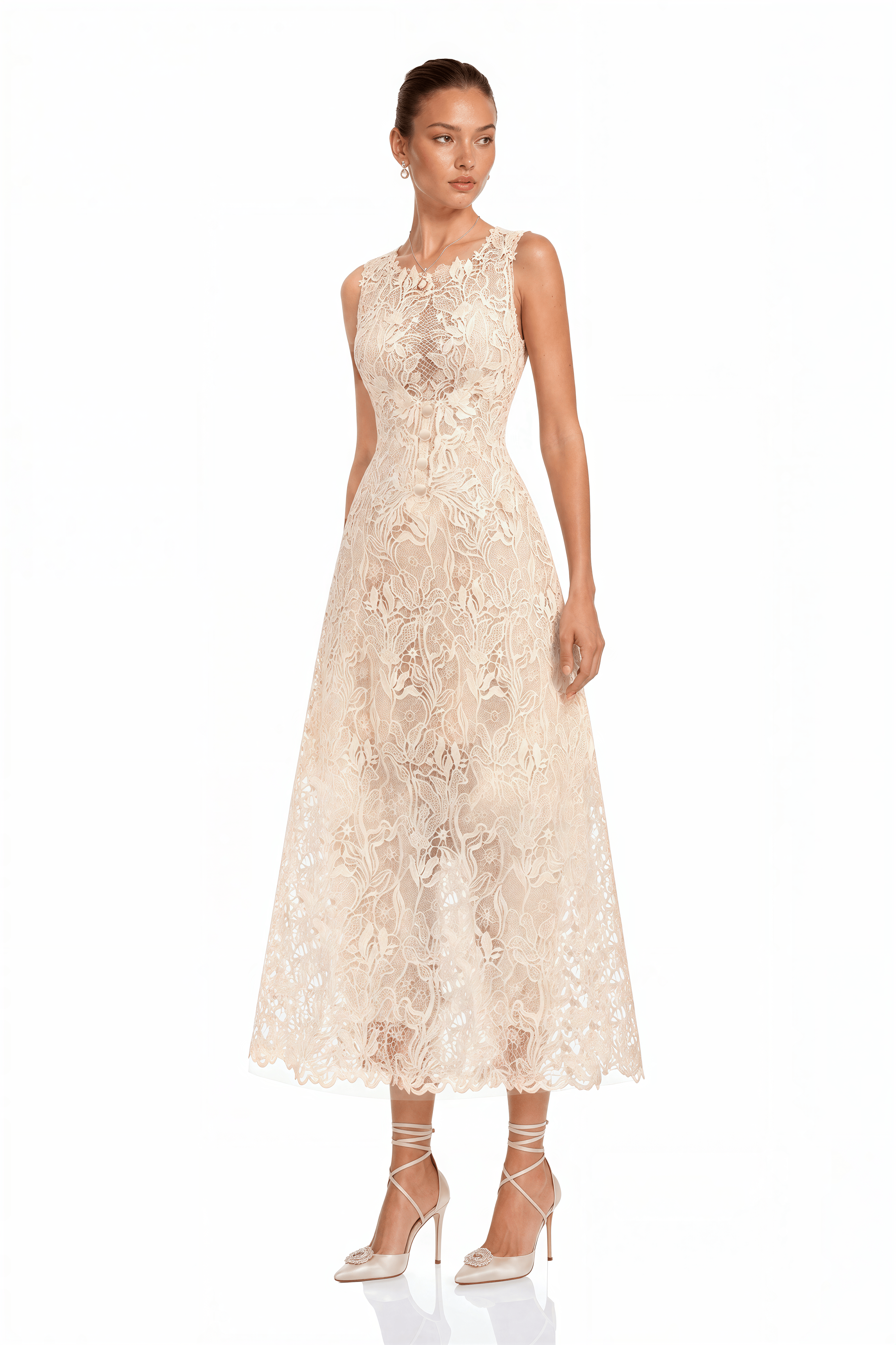 Sarlota Neutral Floral Lace Midi Dress