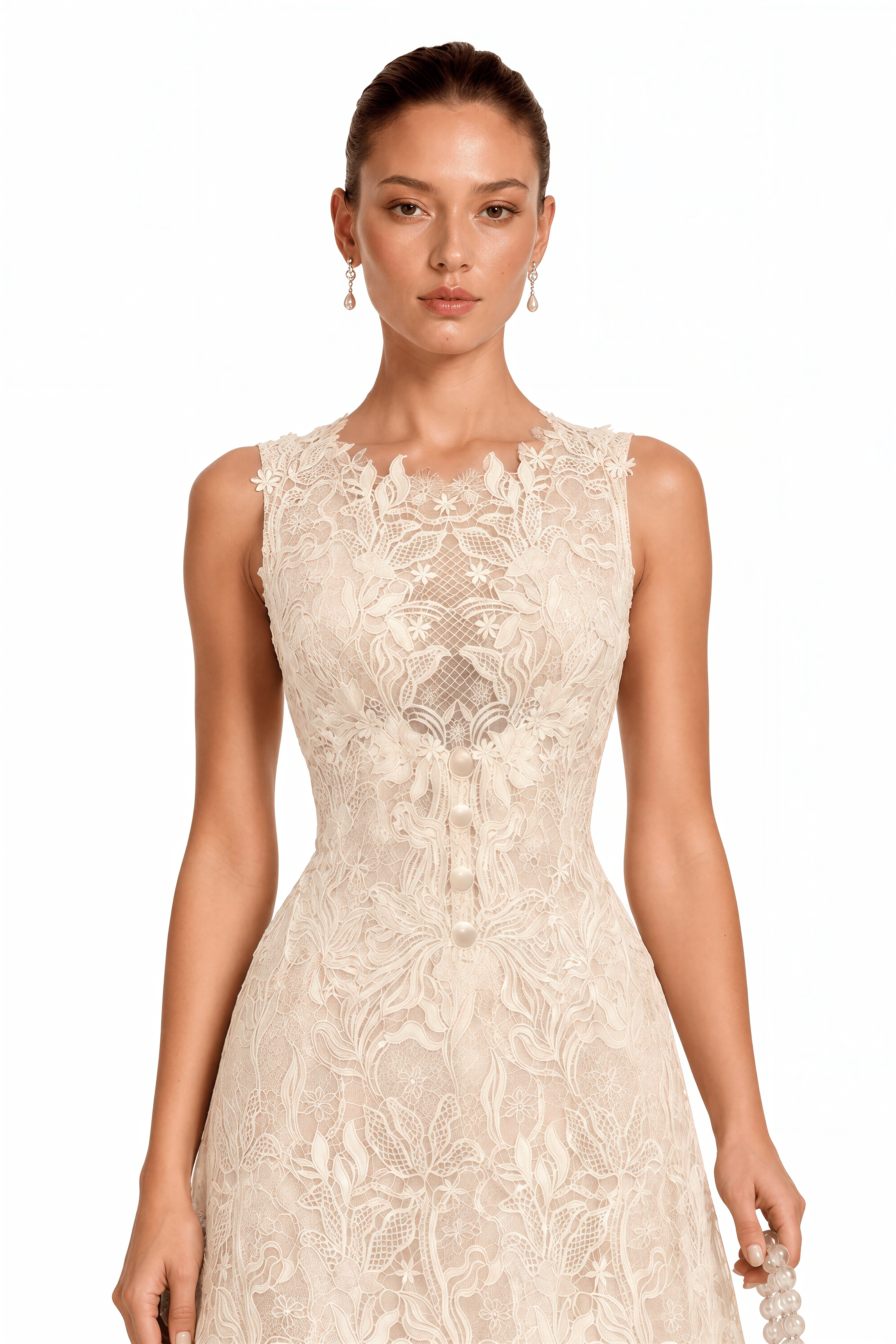Sarlota Neutral Floral Lace Midi Dress