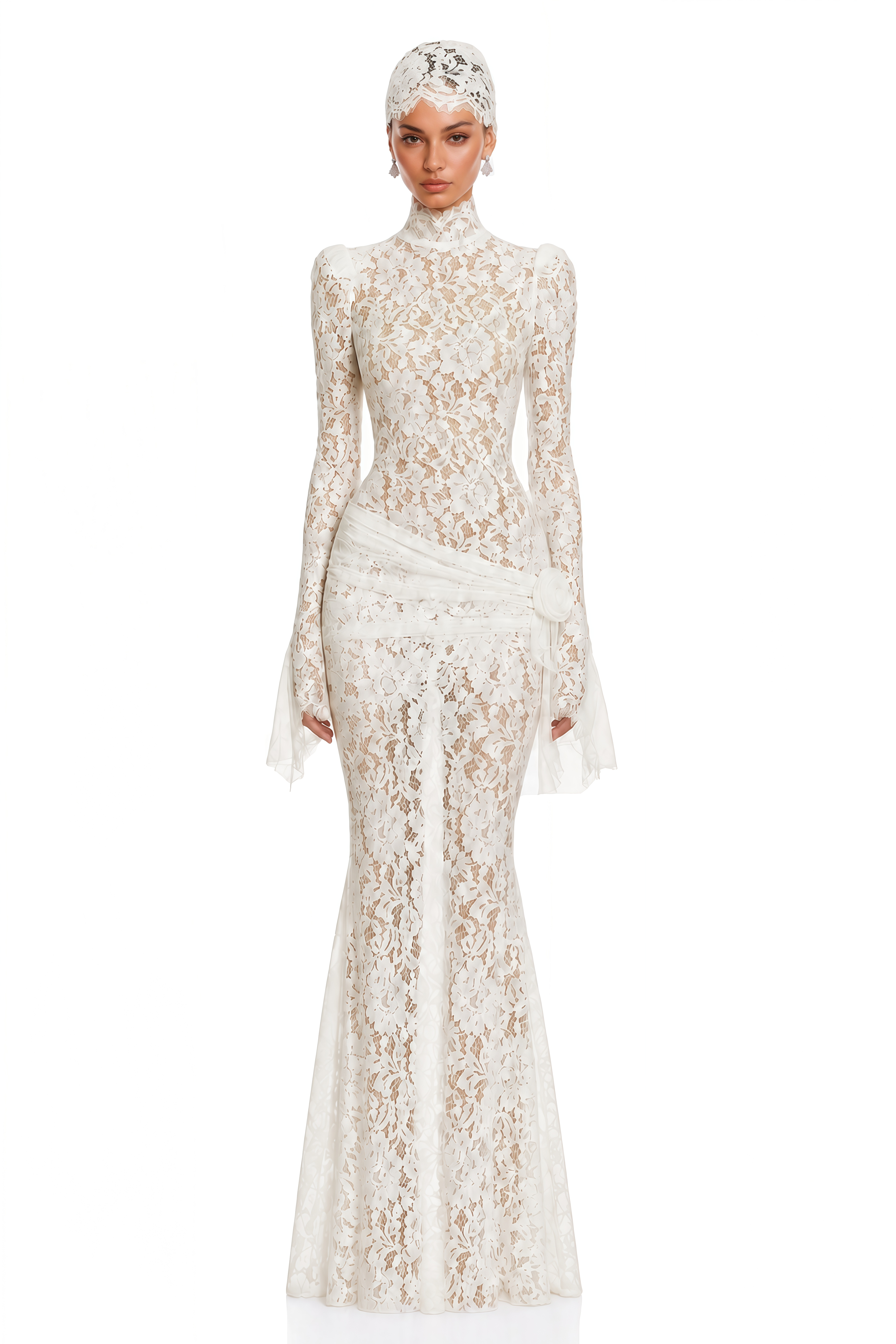 Saskia White High Neck Flared Sleeve Lace Maxi Dress