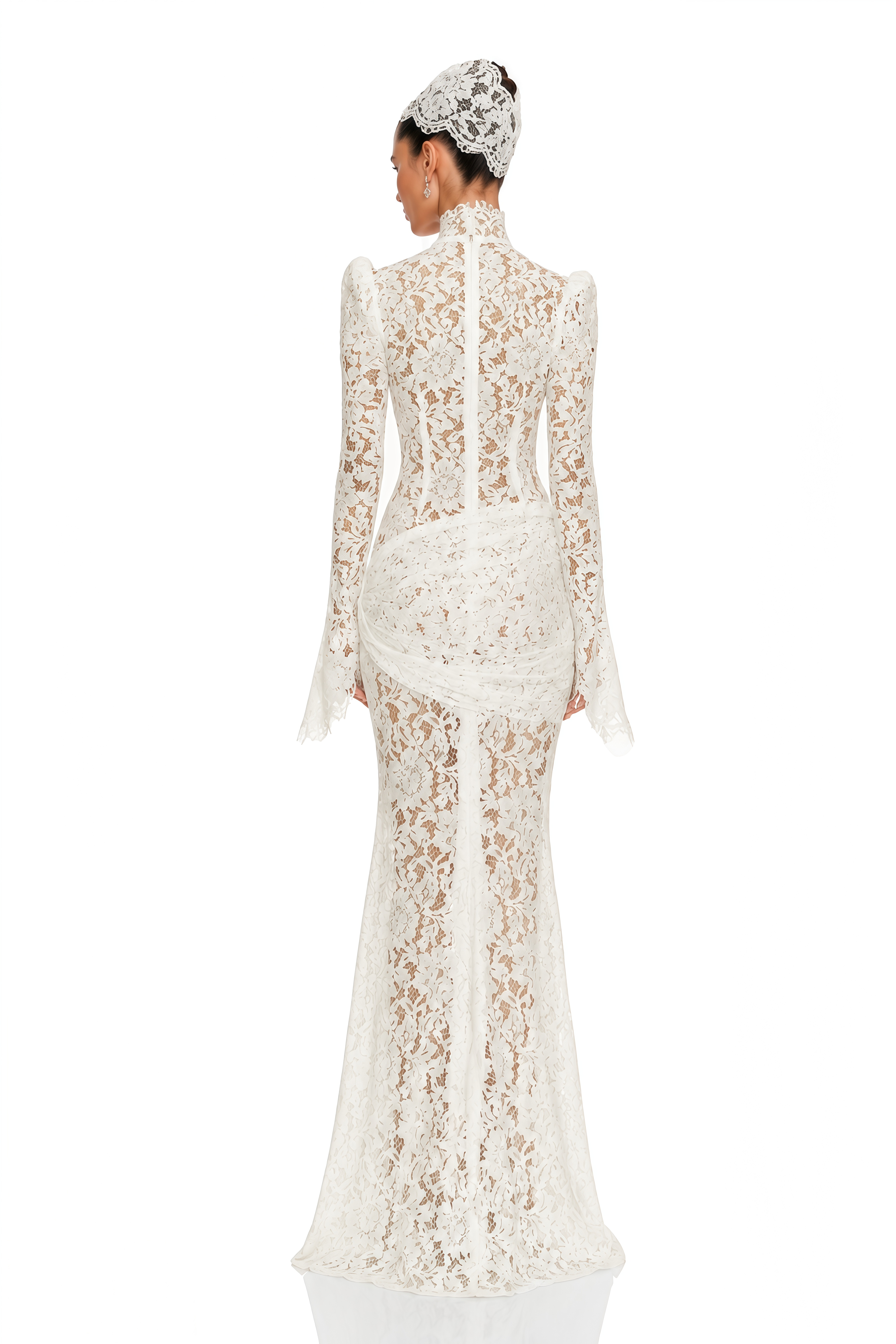 Saskia White High Neck Flared Sleeve Lace Maxi Dress