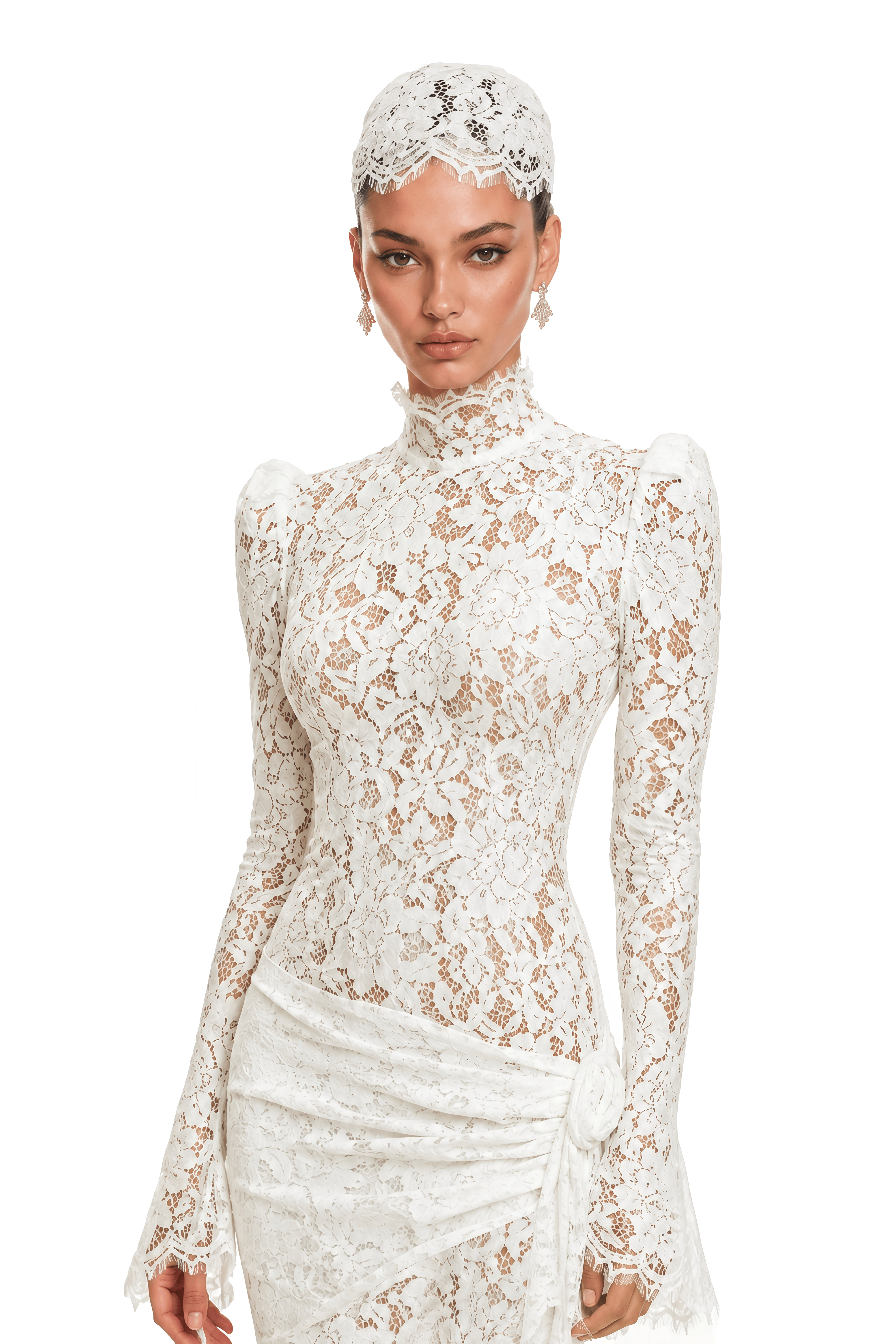 Saskia White High Neck Flared Sleeve Lace Maxi Dress