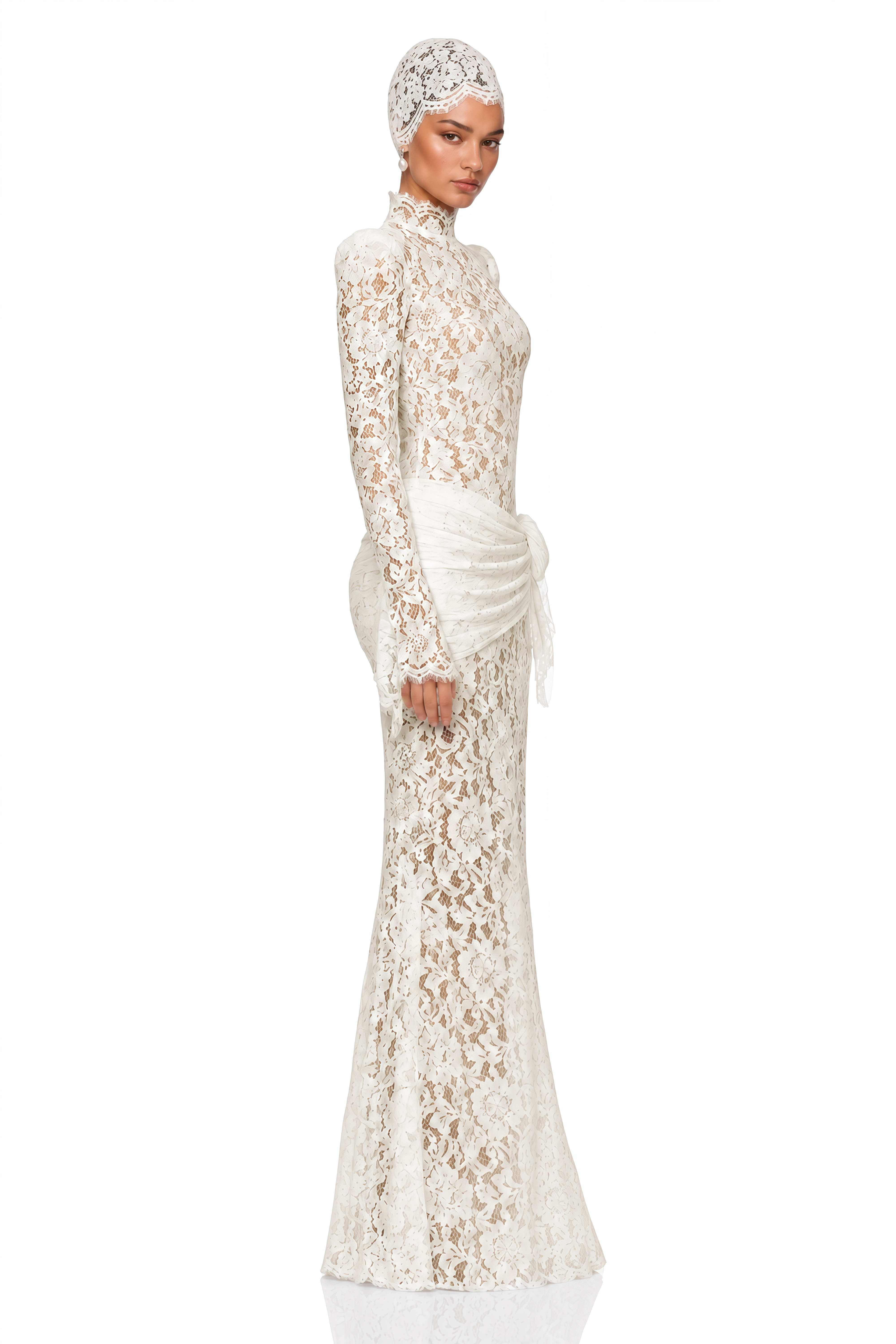 Saskia White High Neck Flared Sleeve Lace Maxi Dress