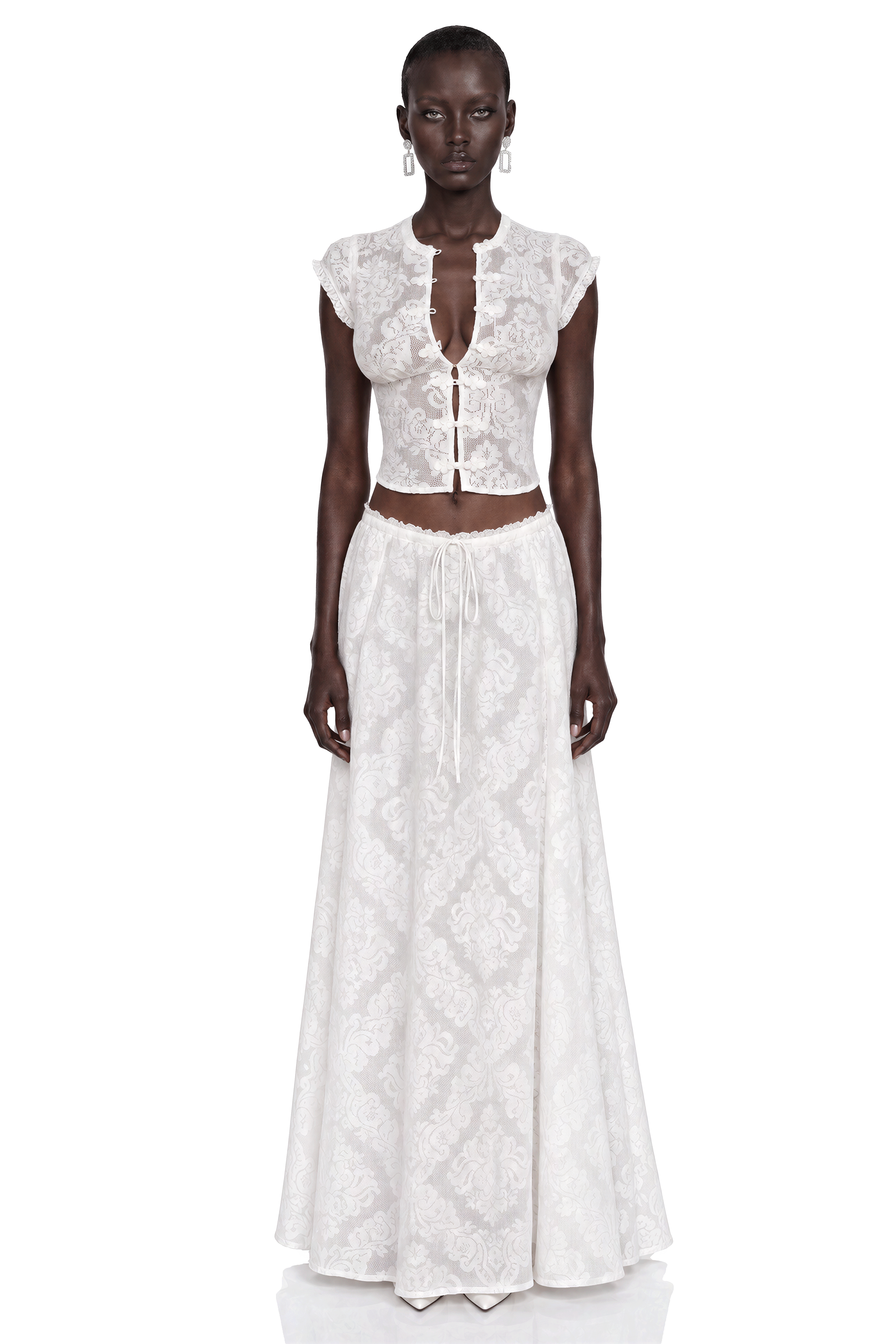 Saskia White Lace Cap Sleeve Top & Maxi Skirt Set