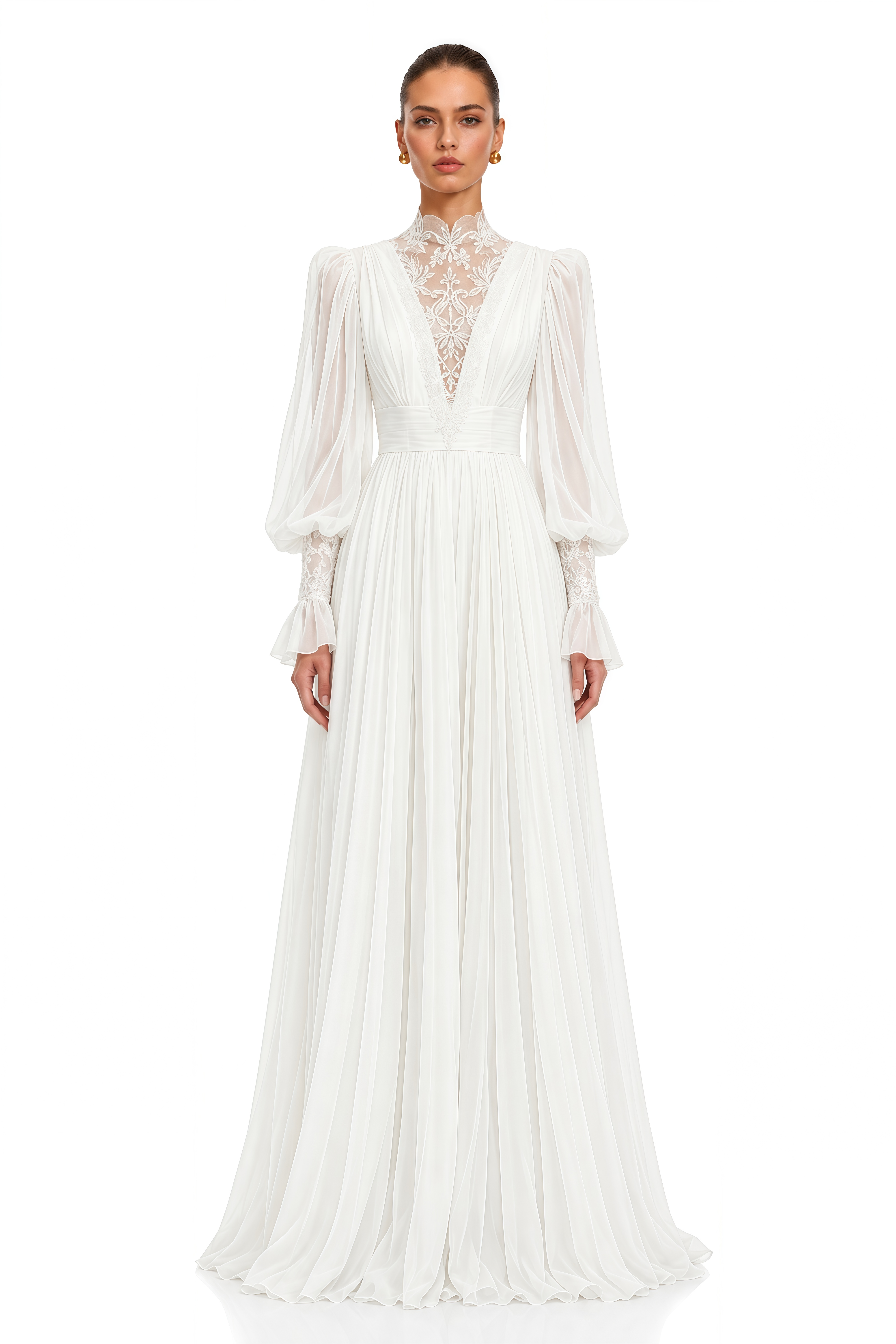 Saskia White Lace High Neck Long Sleeve Maxi Dress