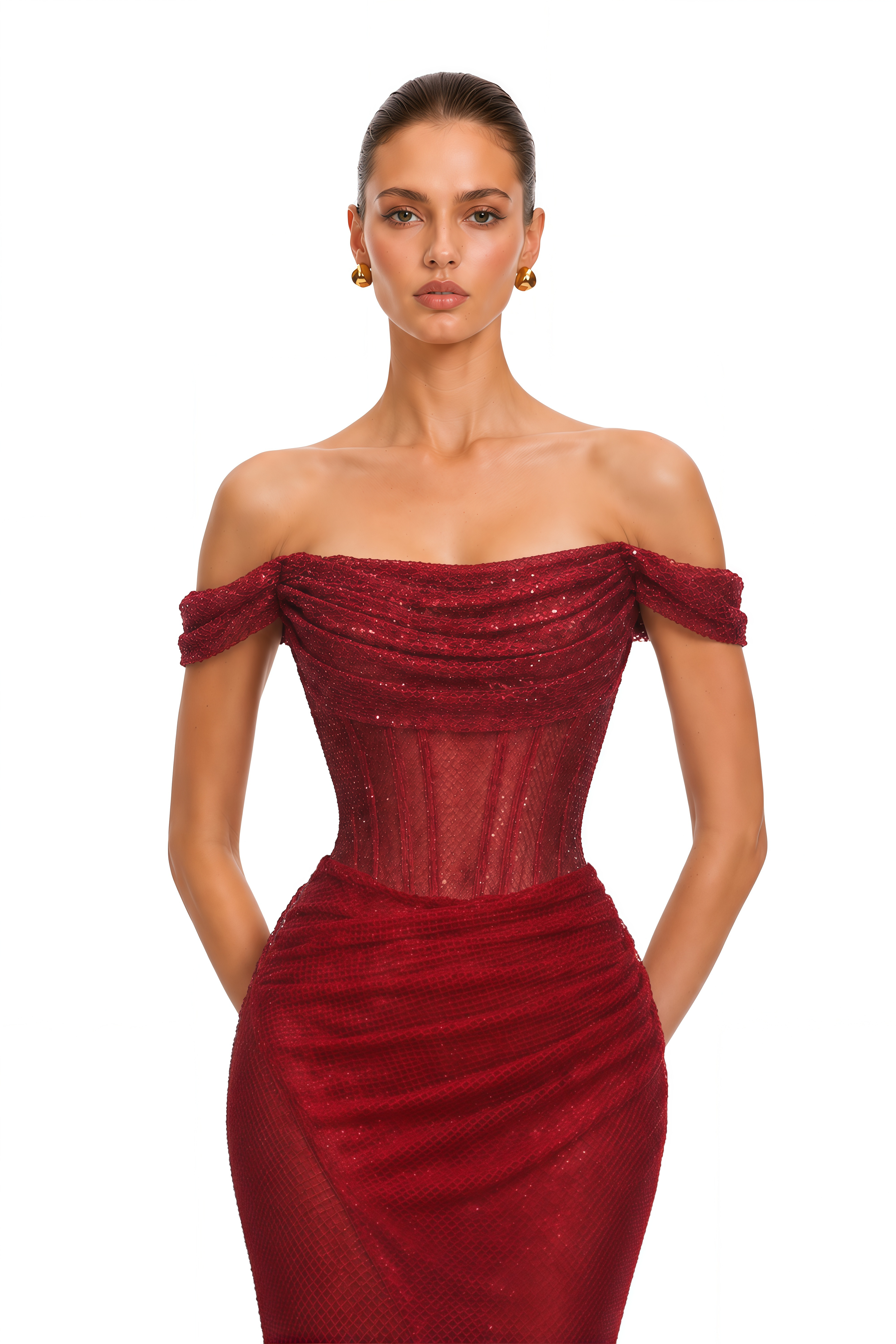 Scarlet Red Off-Shoulder Rhinestone Evening Gown