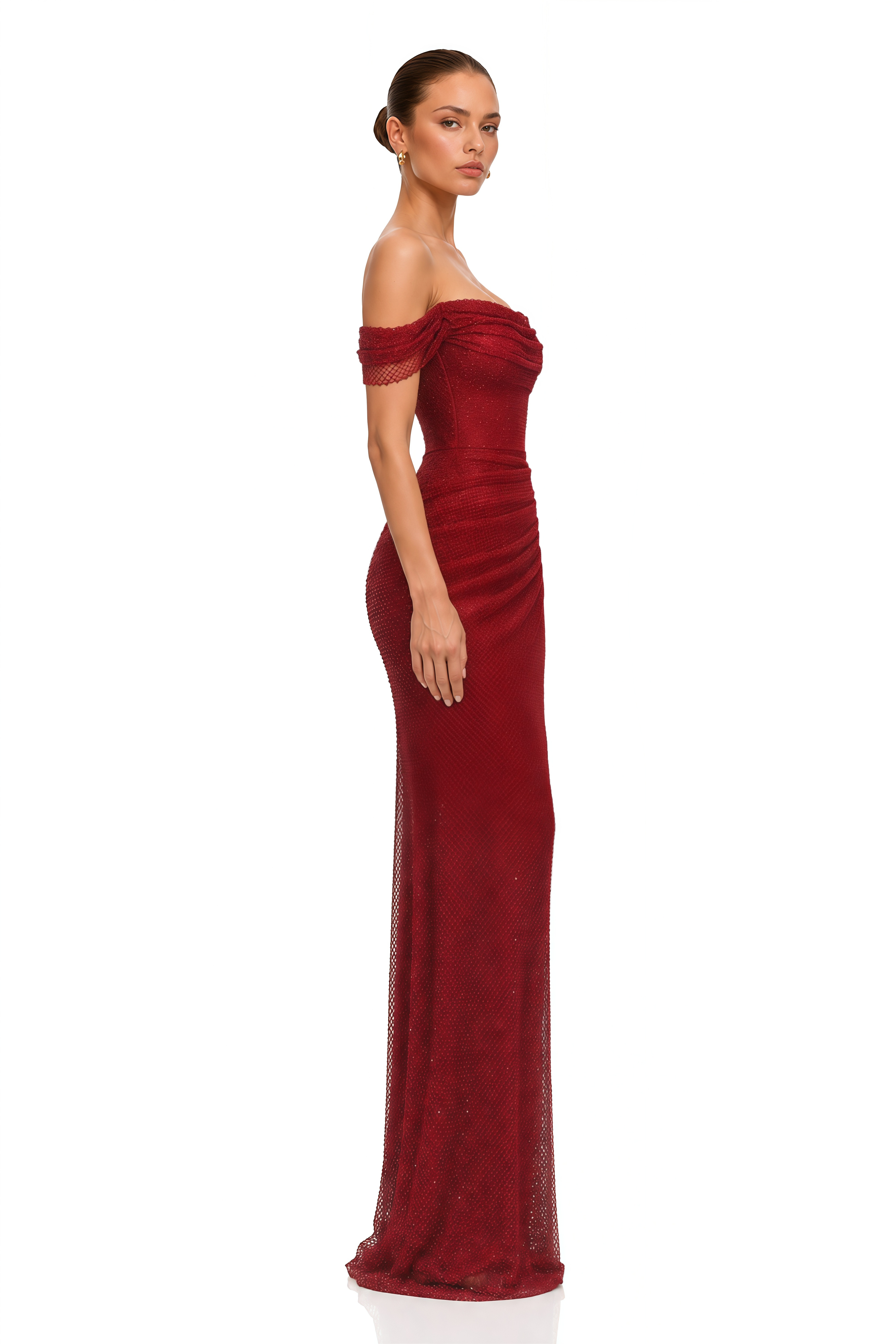 Scarlet Red Off-Shoulder Rhinestone Evening Gown