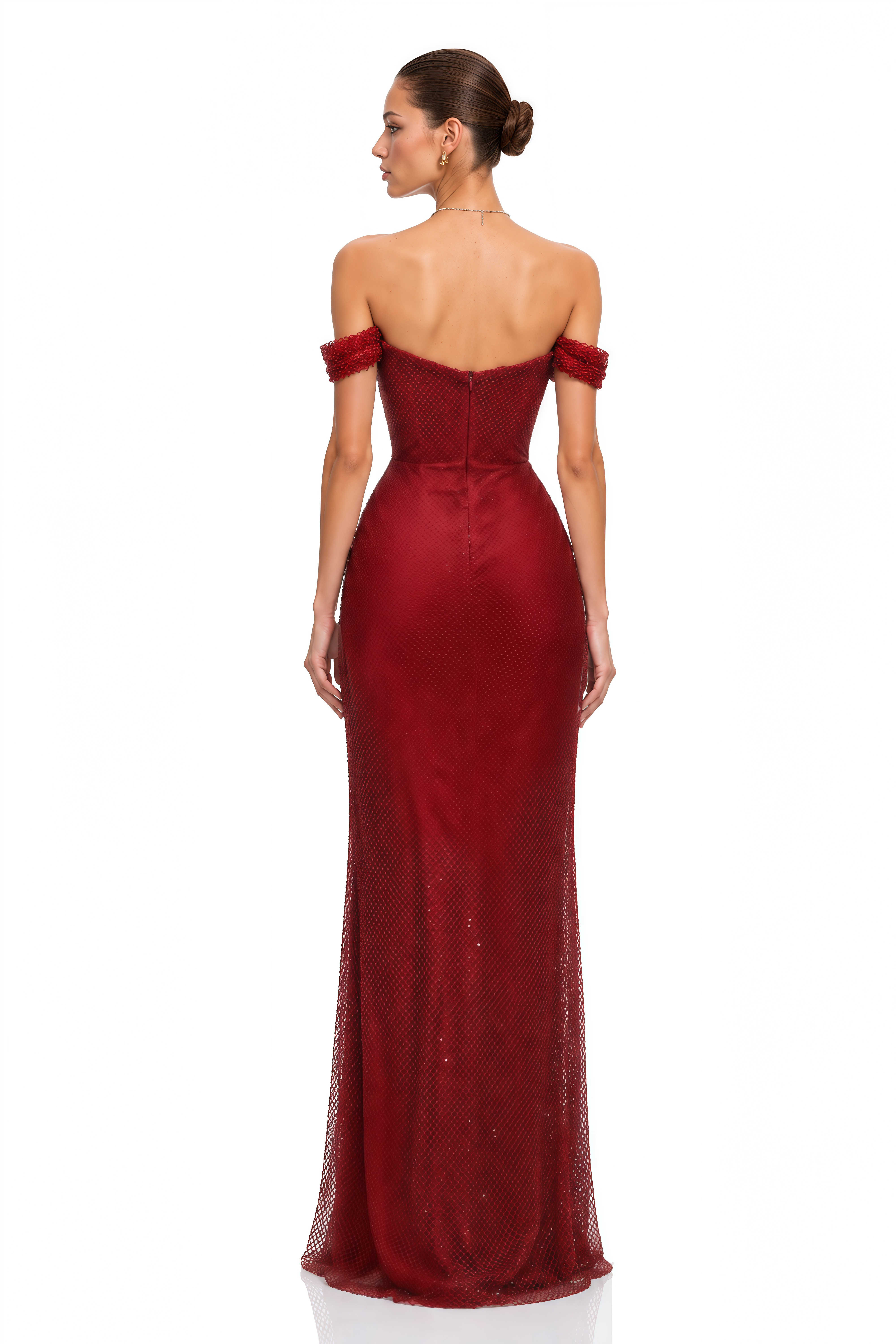 Scarlet Red Off-Shoulder Rhinestone Evening Gown
