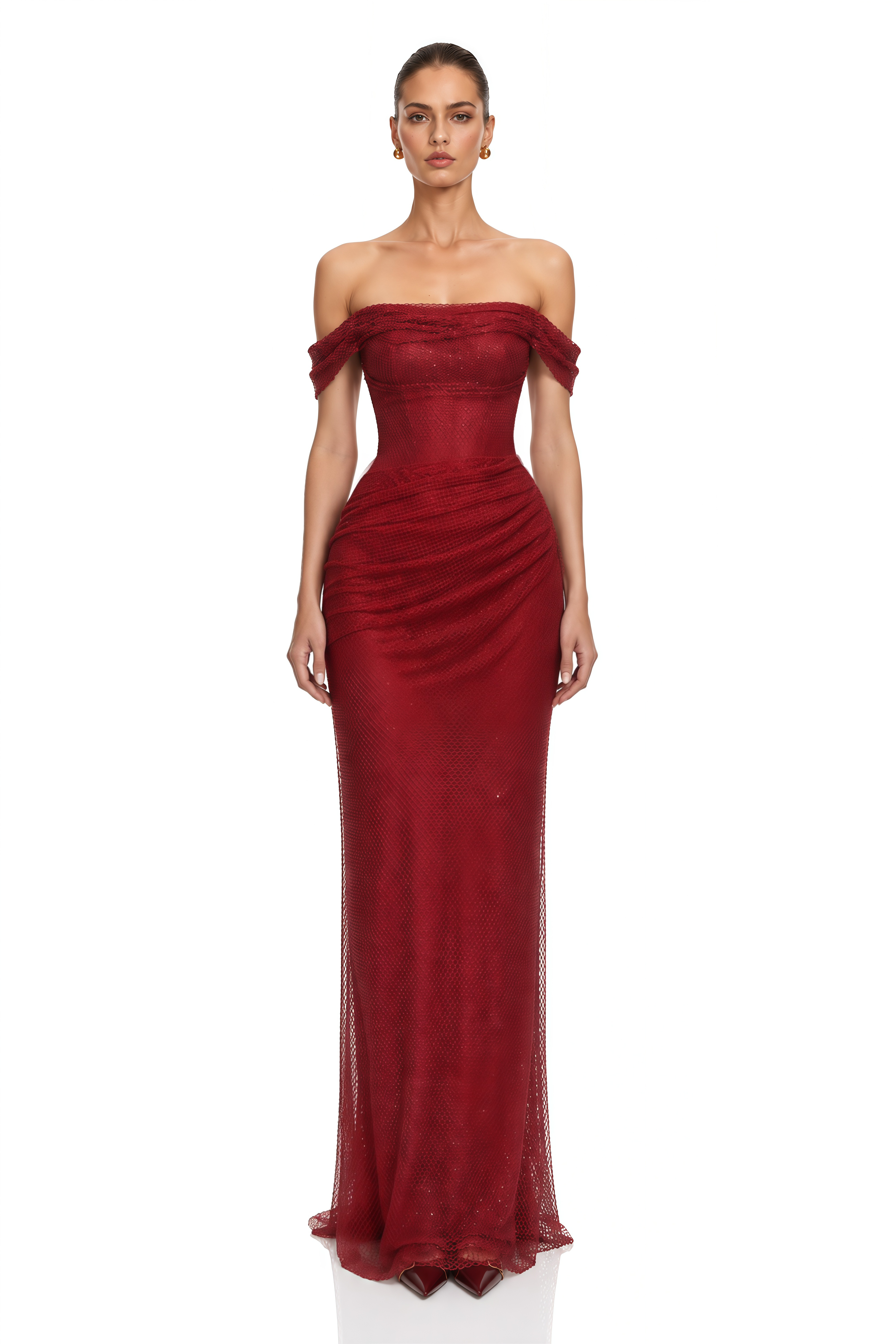 Scarlet Red Off-Shoulder Rhinestone Evening Gown