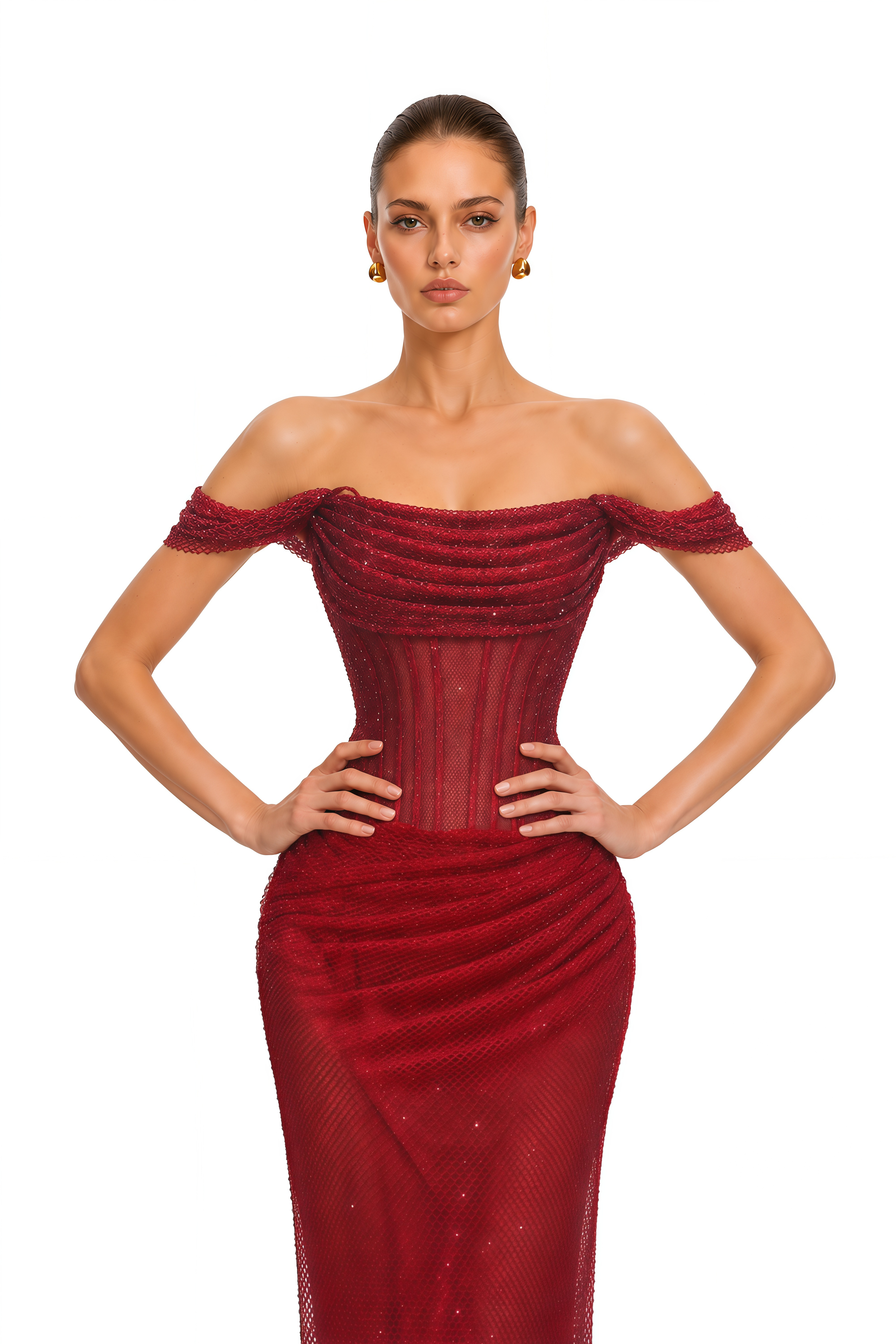 Scarlet Red Off-Shoulder Rhinestone Evening Gown