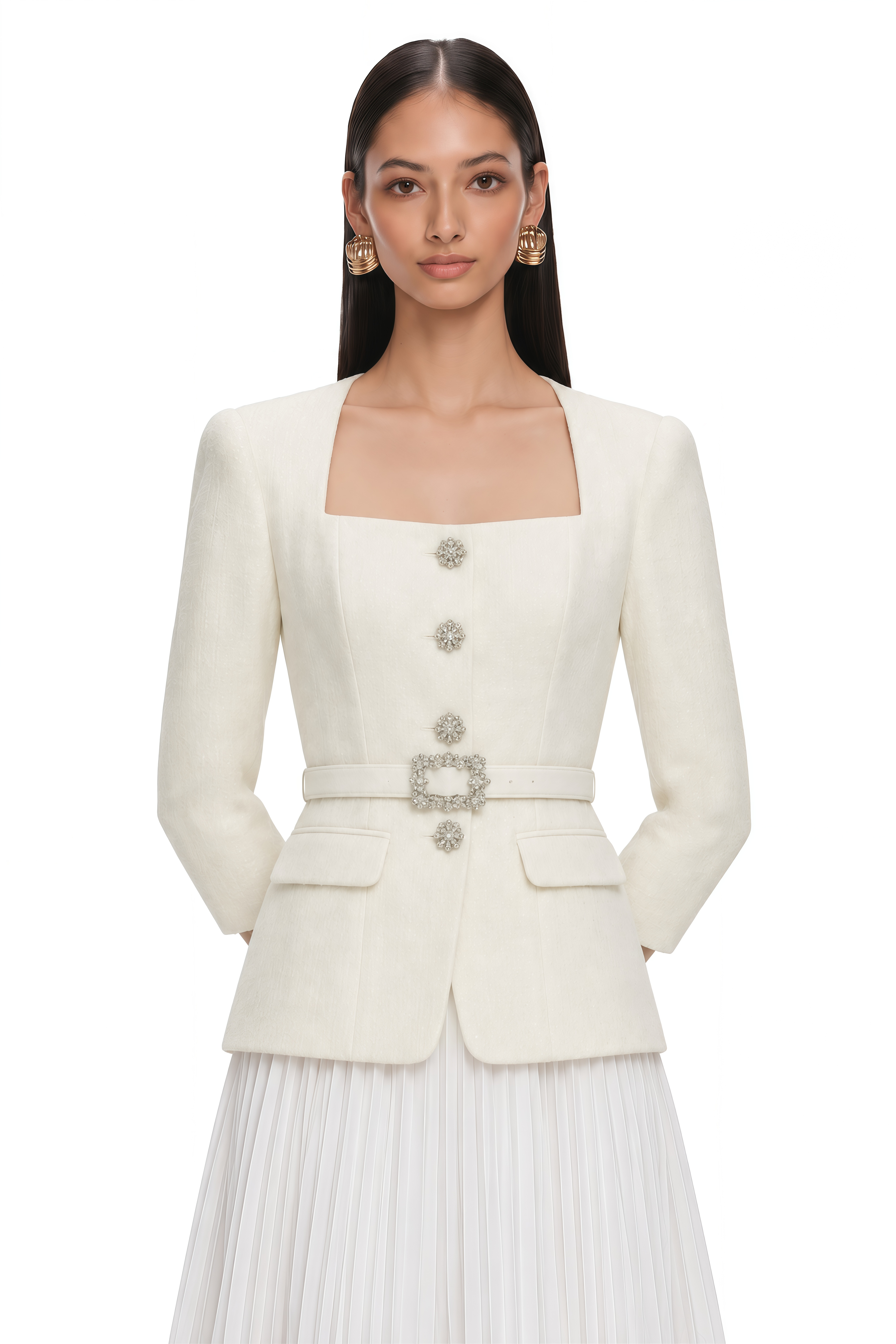 Scarlett Ivory Embellished Belted Jacket & Pleated Skirt Set