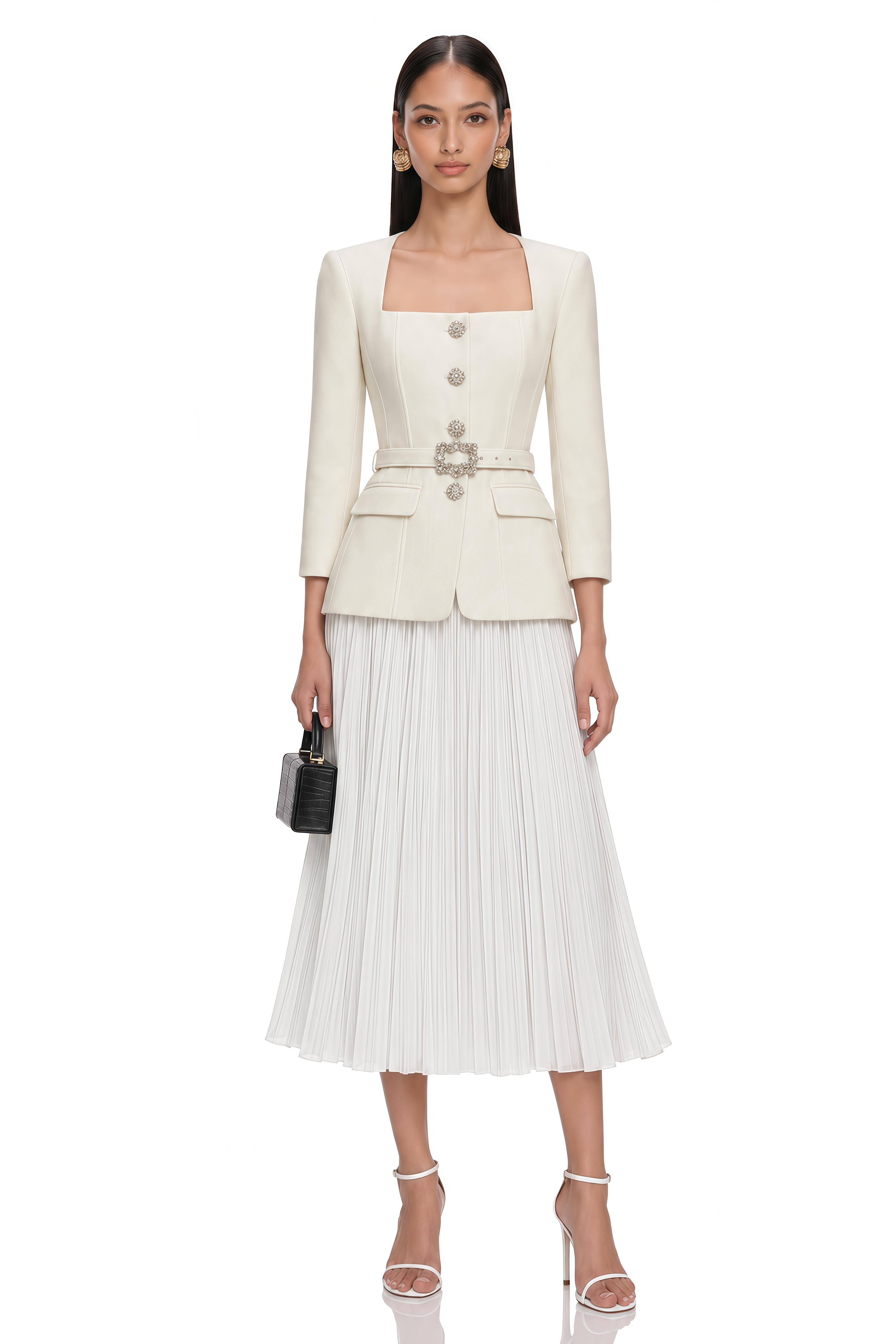 Scarlett Ivory Embellished Belted Jacket & Pleated Skirt Set