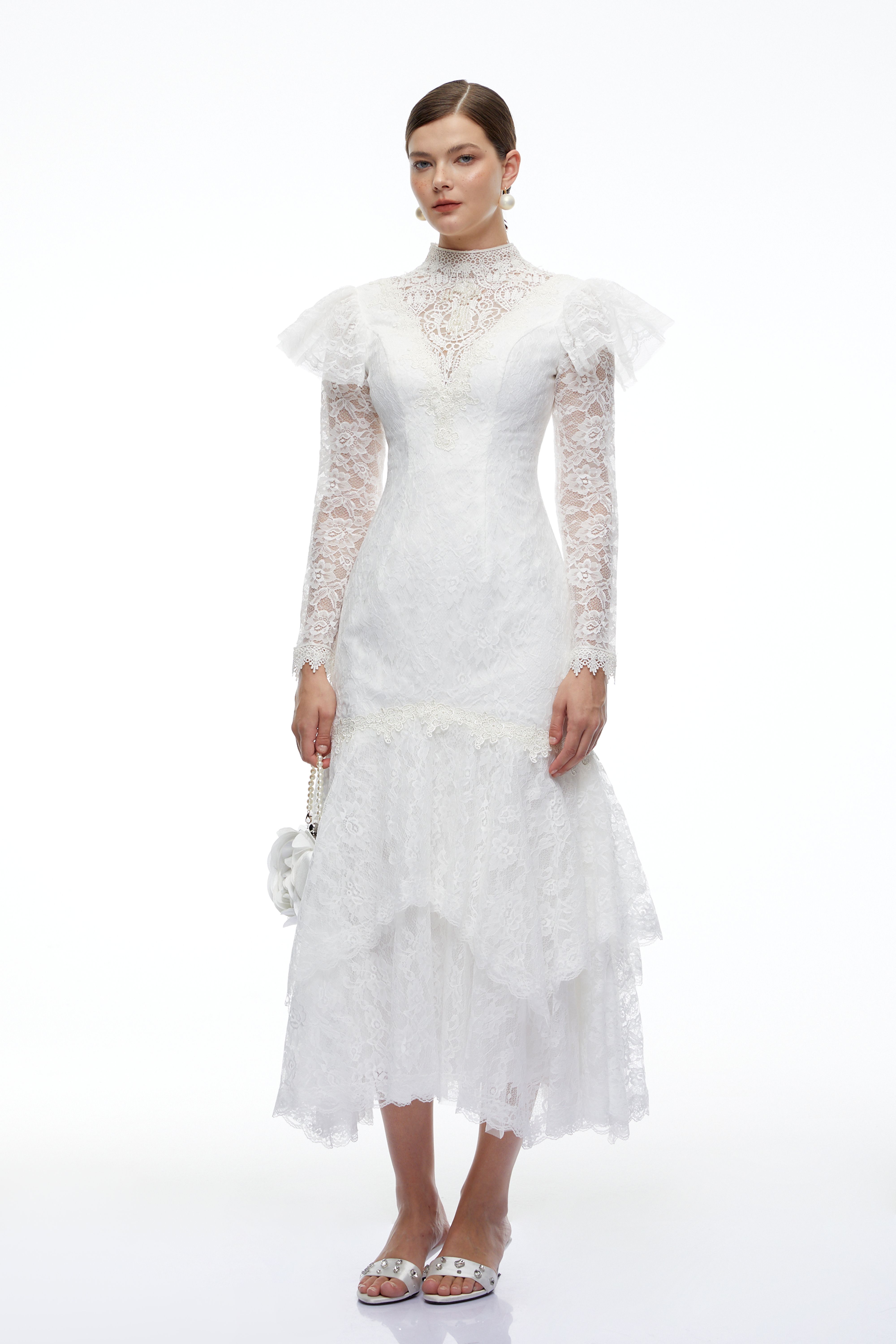 Scarlett White Lace Ruched Midi Dress