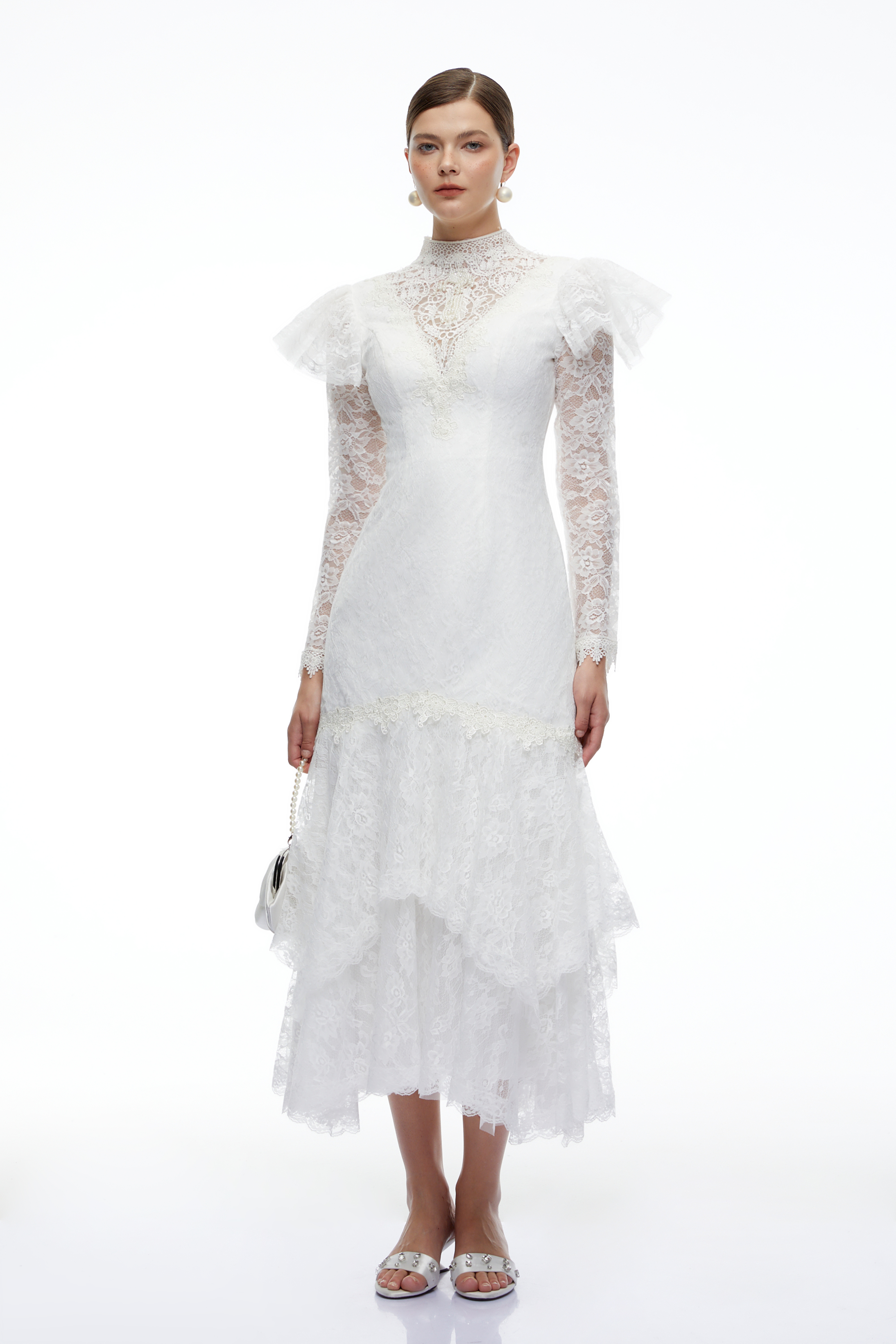 Scarlett White Lace Ruched Midi Dress