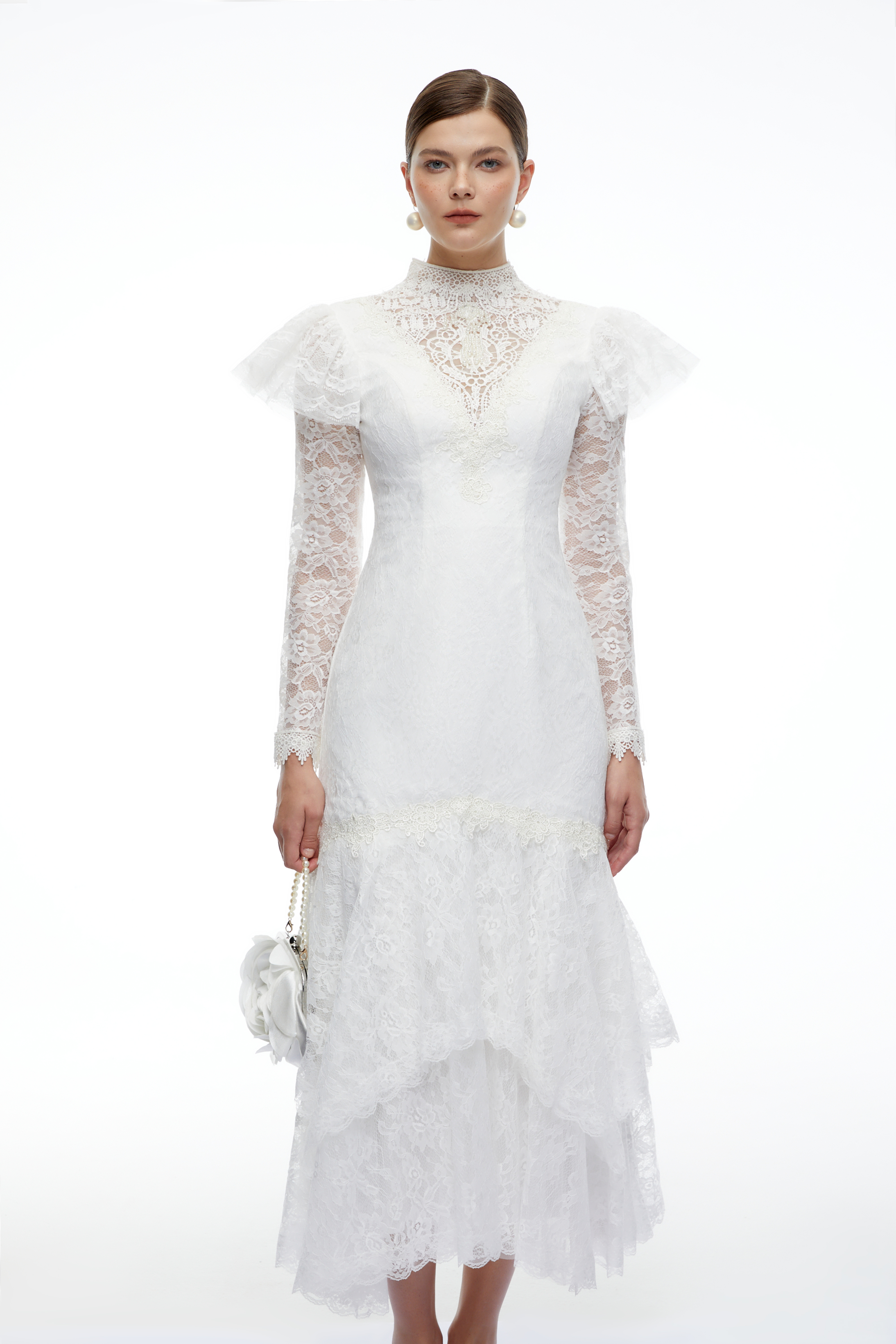 Scarlett White Lace Ruched Midi Dress