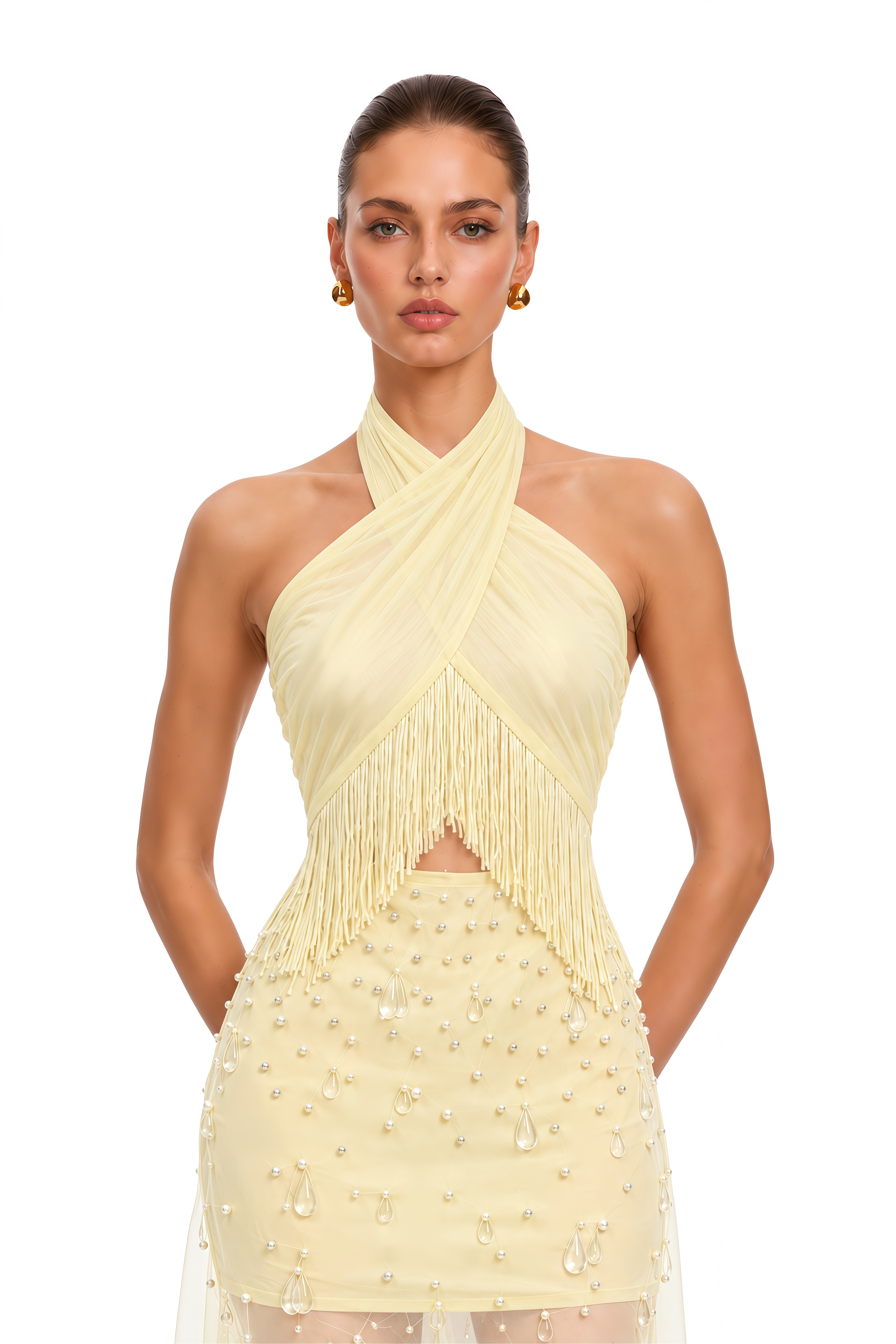 Scarlett Yellow Halterneck Fringe Embellished Maxi Dress