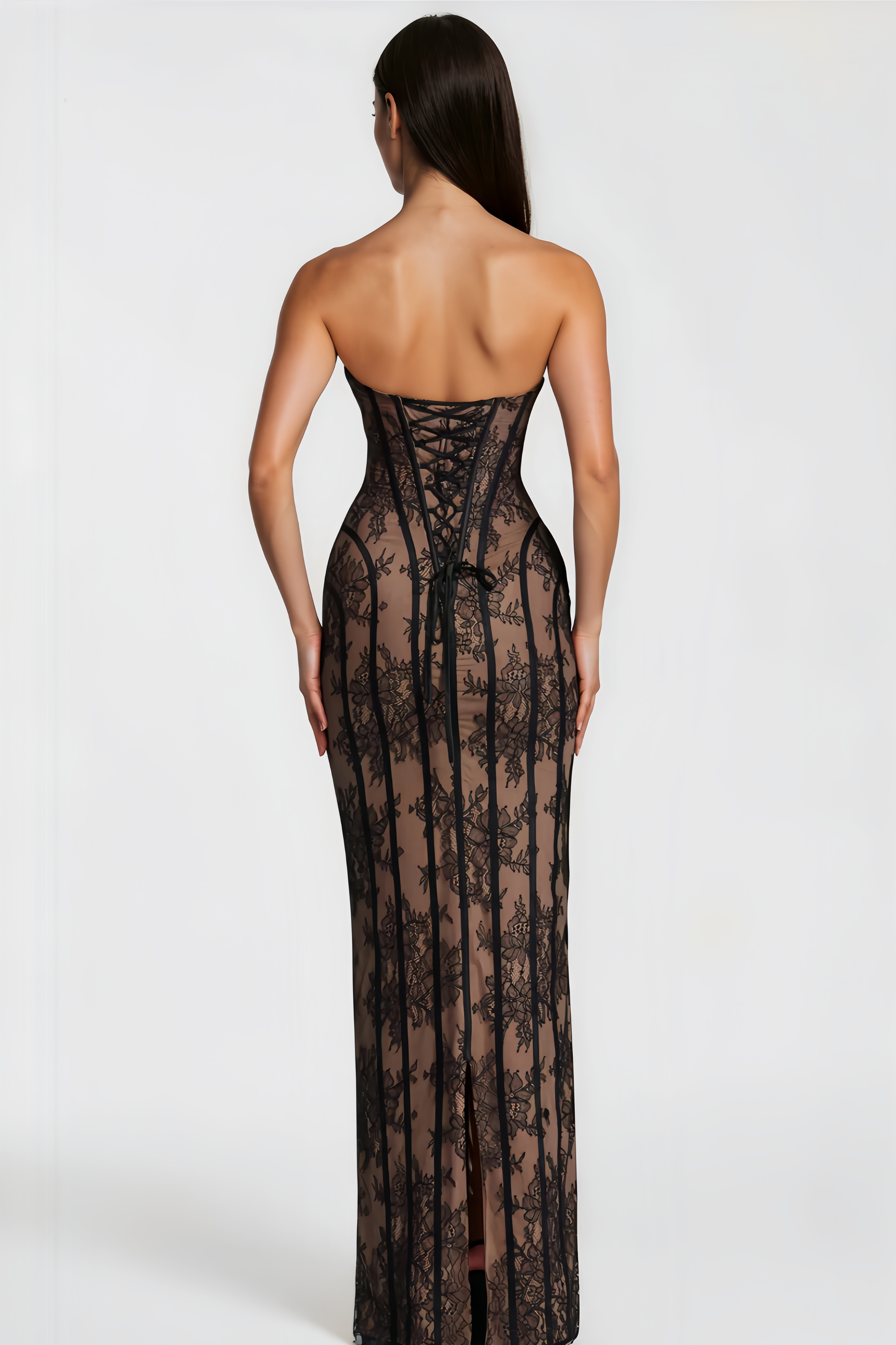 Strapless Floral Lace Maxi Dress