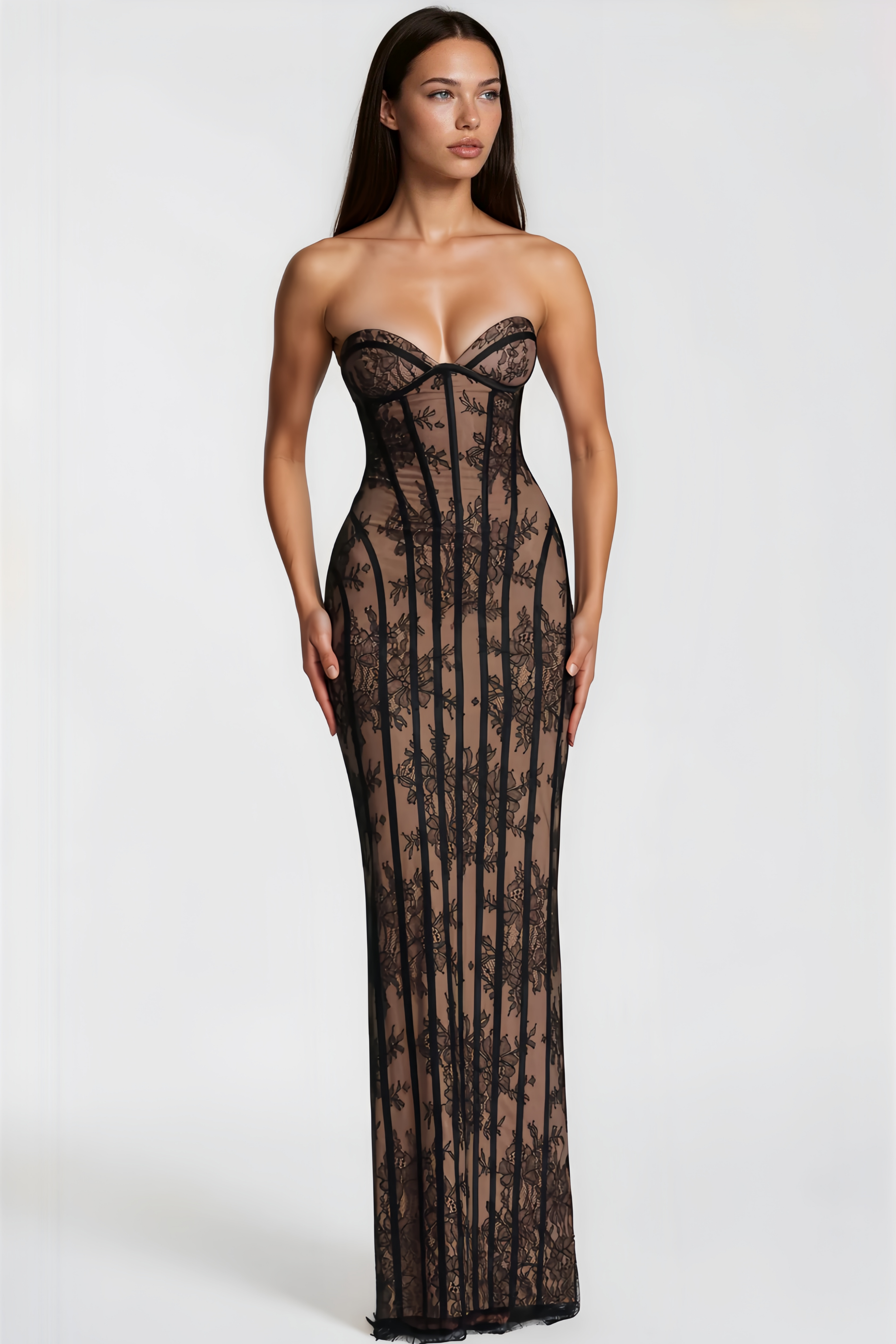 Strapless Floral Lace Maxi Dress