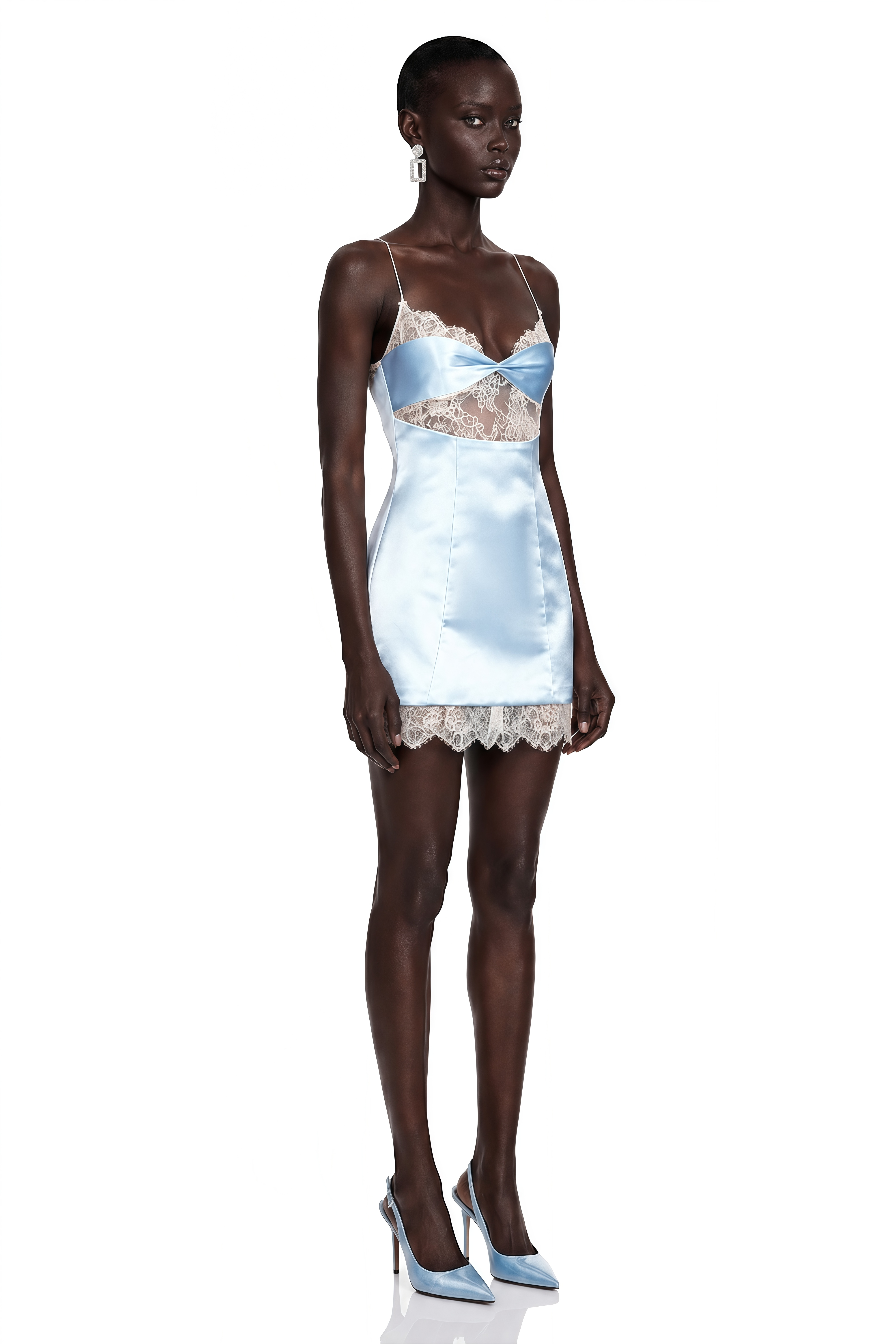 Selene Blue Lace Trim Satin Mini Dress