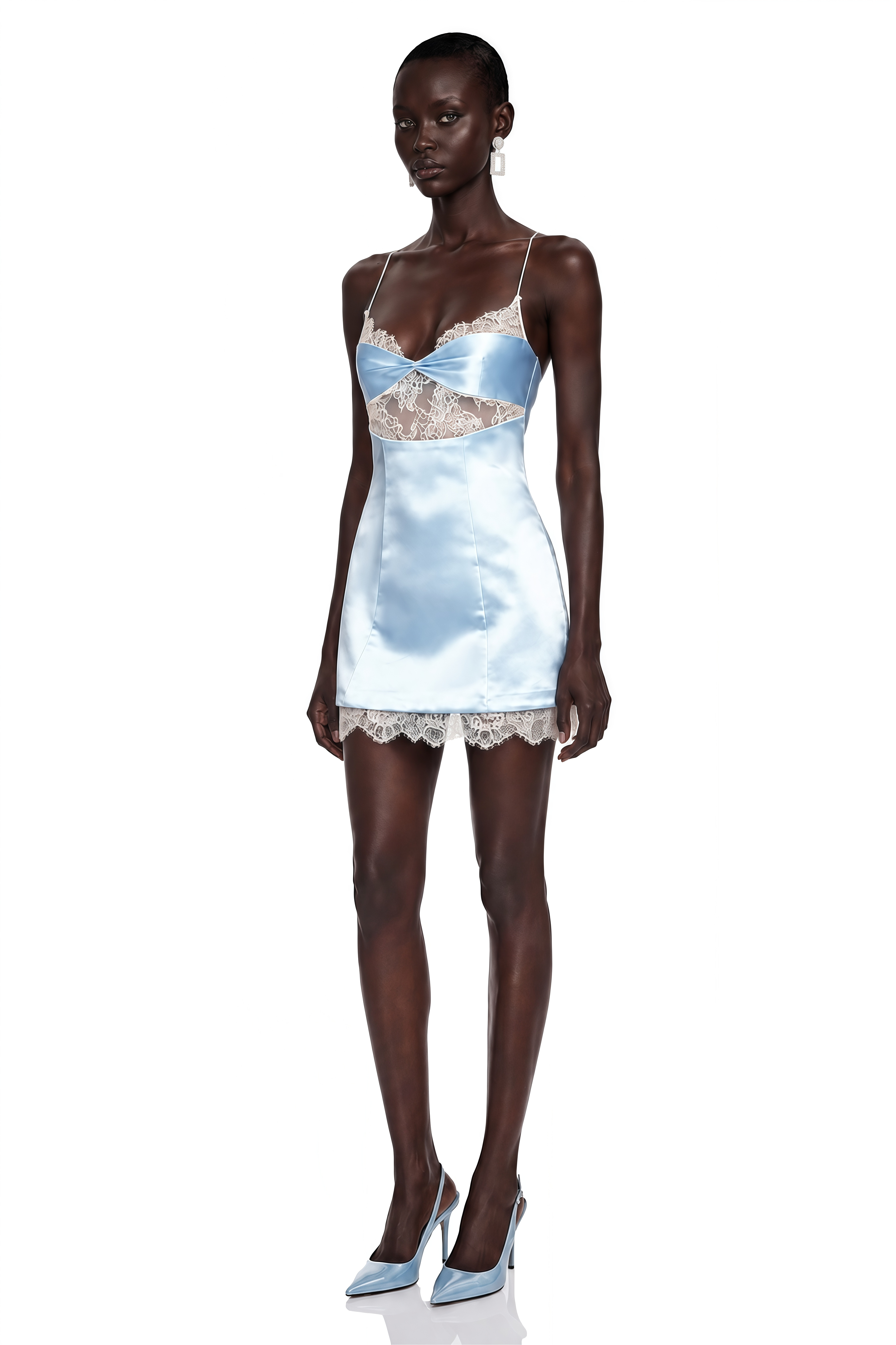 Selene Blue Lace Trim Satin Mini Dress