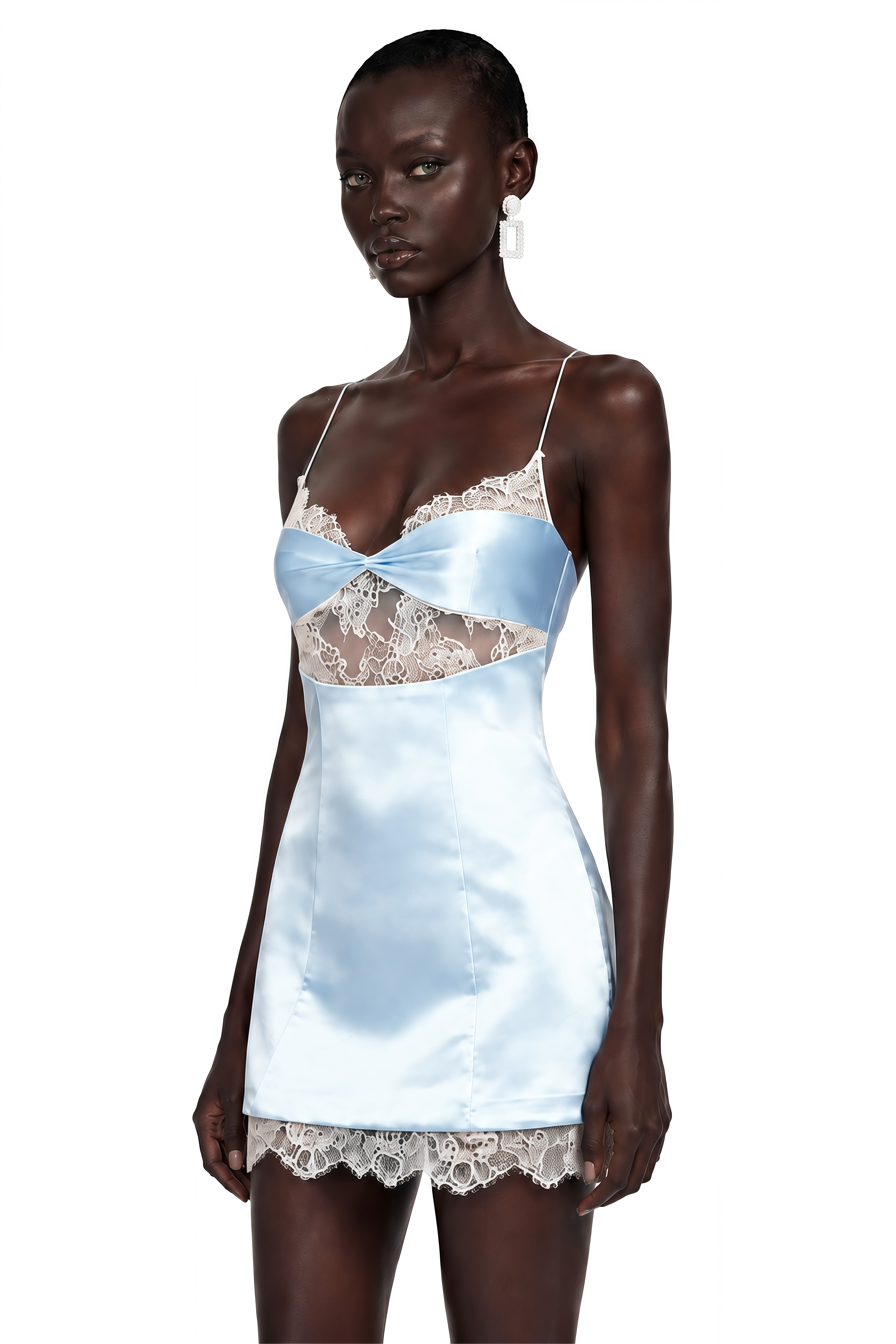 Selene Blue Lace Trim Satin Mini Dress