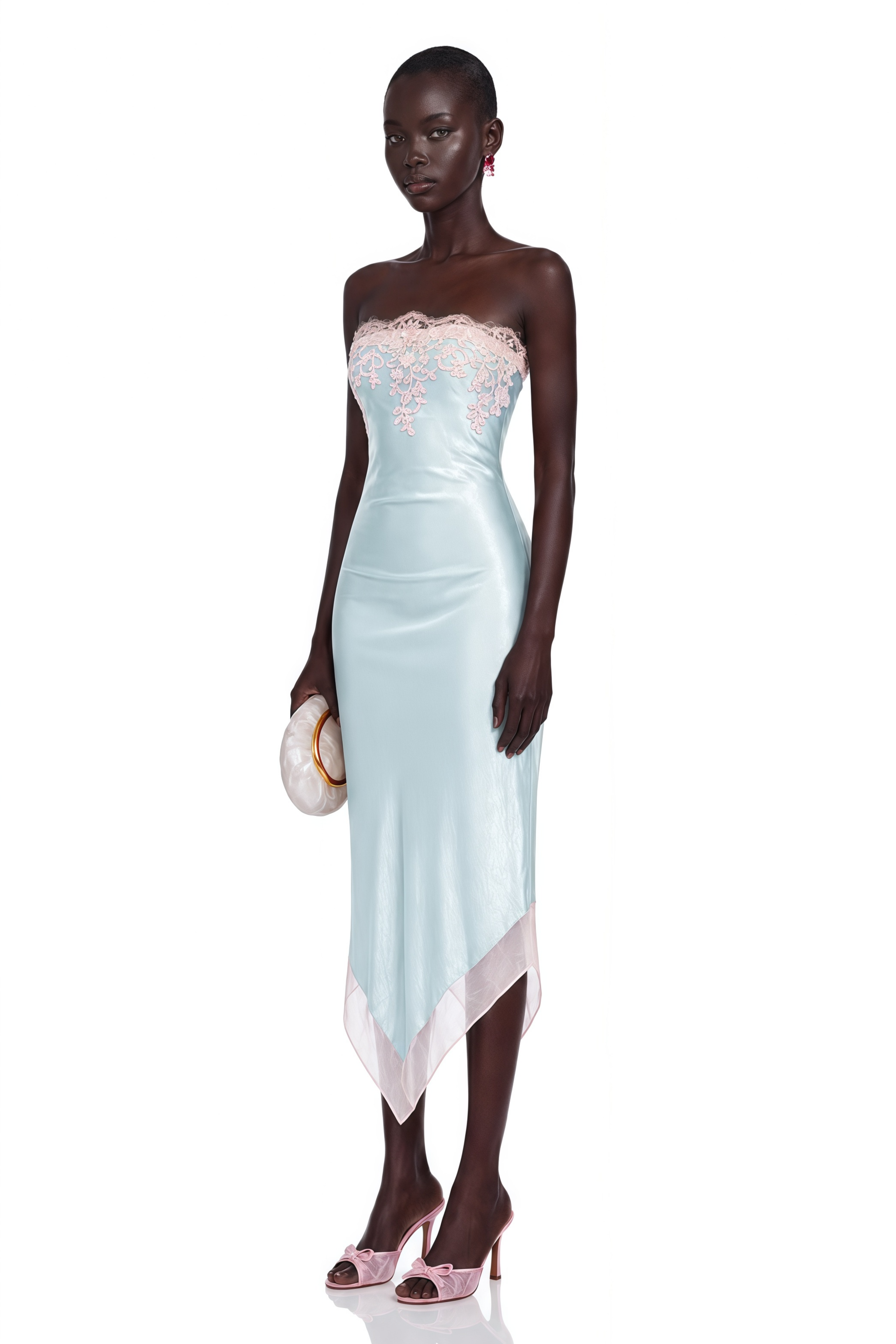 Selestia Blue Satin Strapless Midi Dress