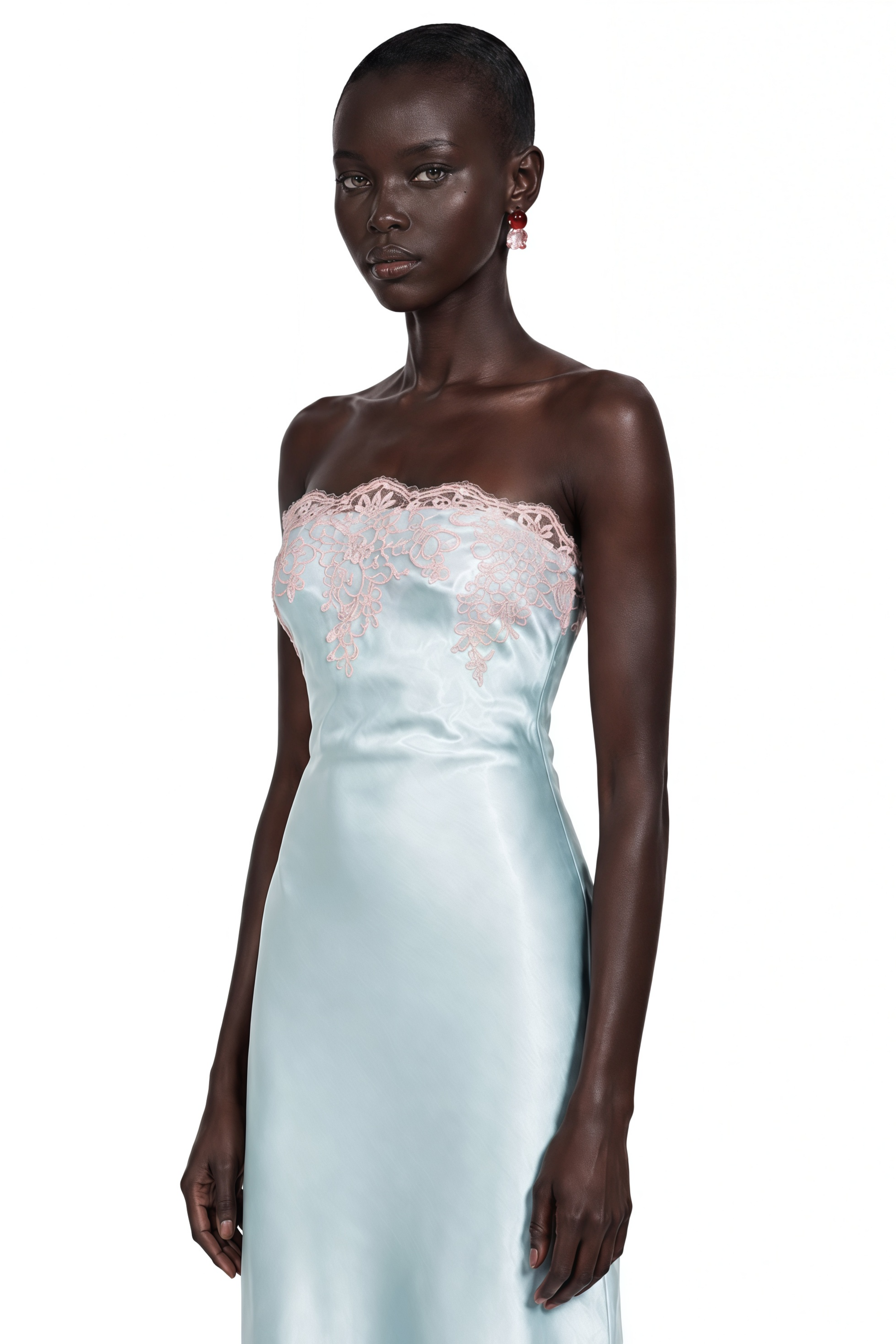 Selestia Blue Satin Strapless Midi Dress