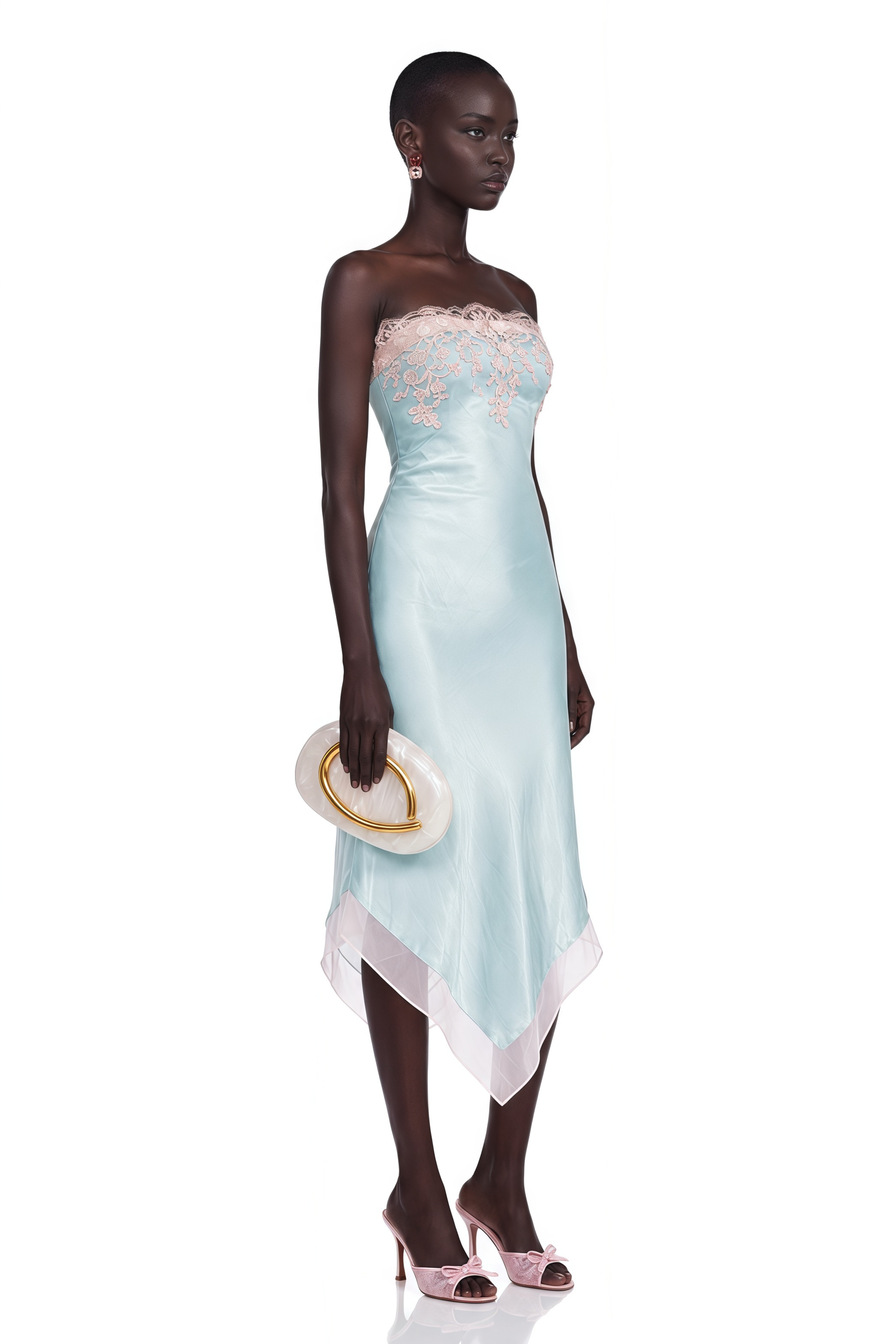 Selestia Blue Satin Strapless Midi Dress