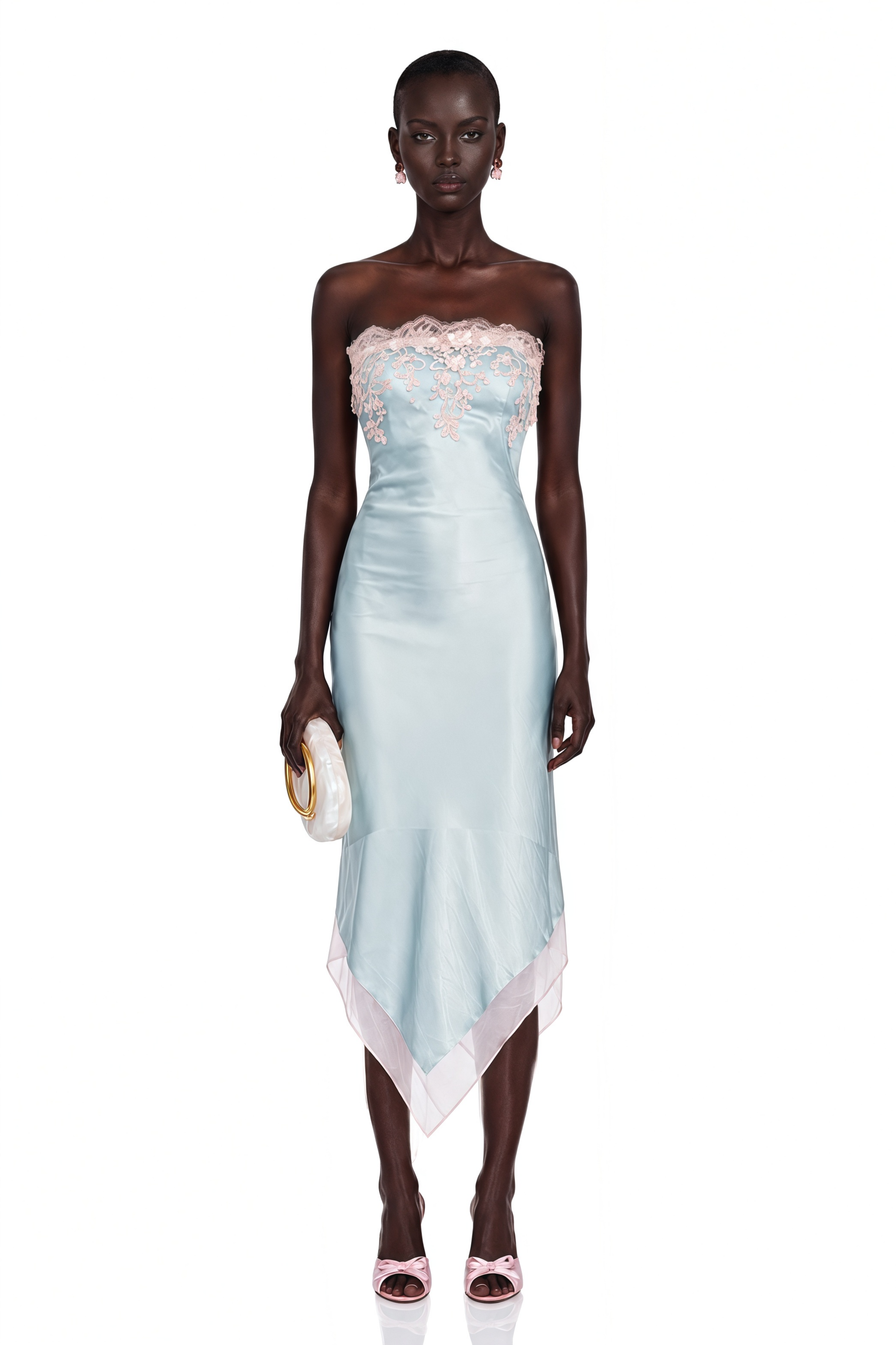 Selestia Blue Satin Strapless Midi Dress
