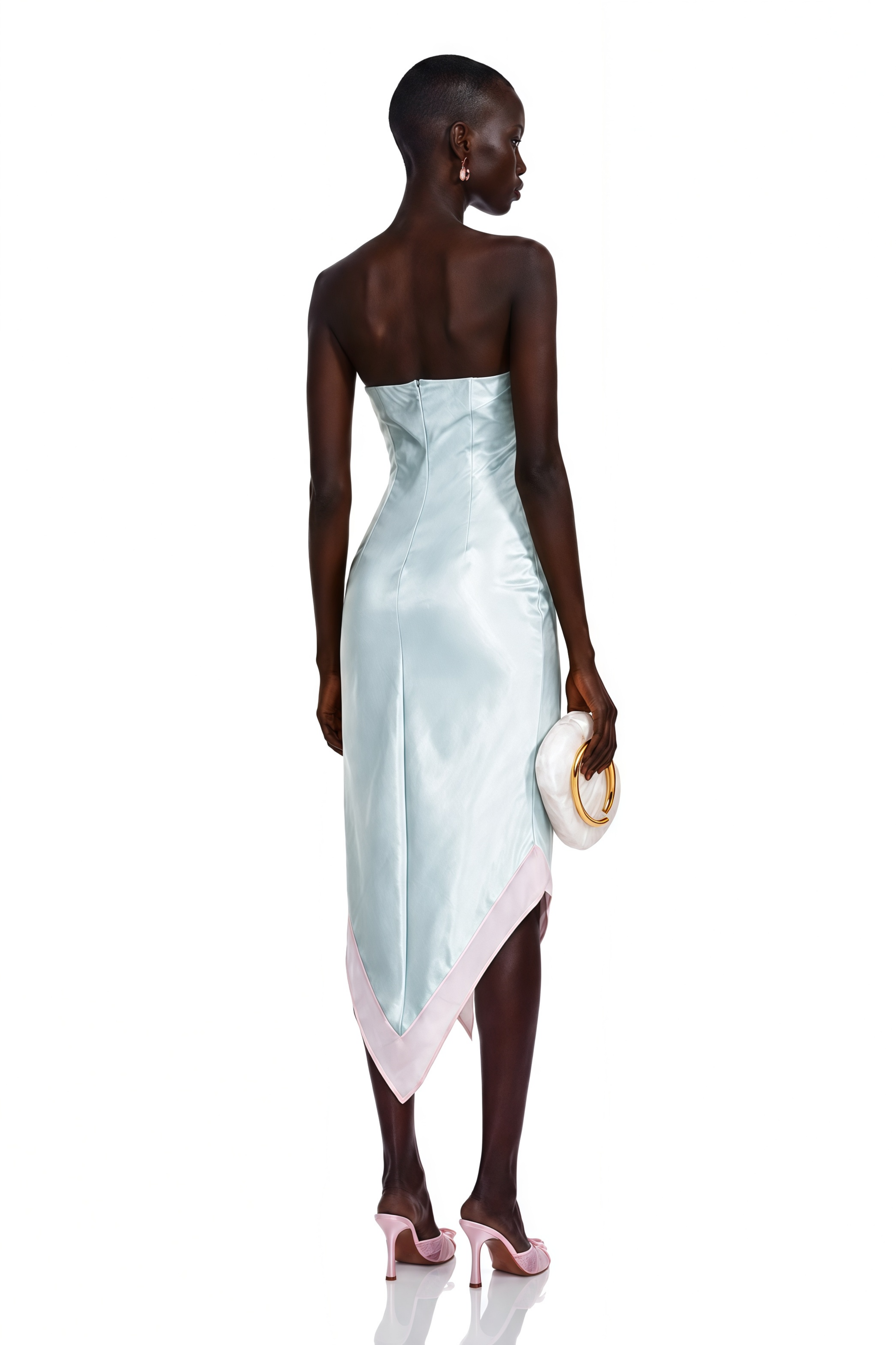 Selestia Blue Satin Strapless Midi Dress