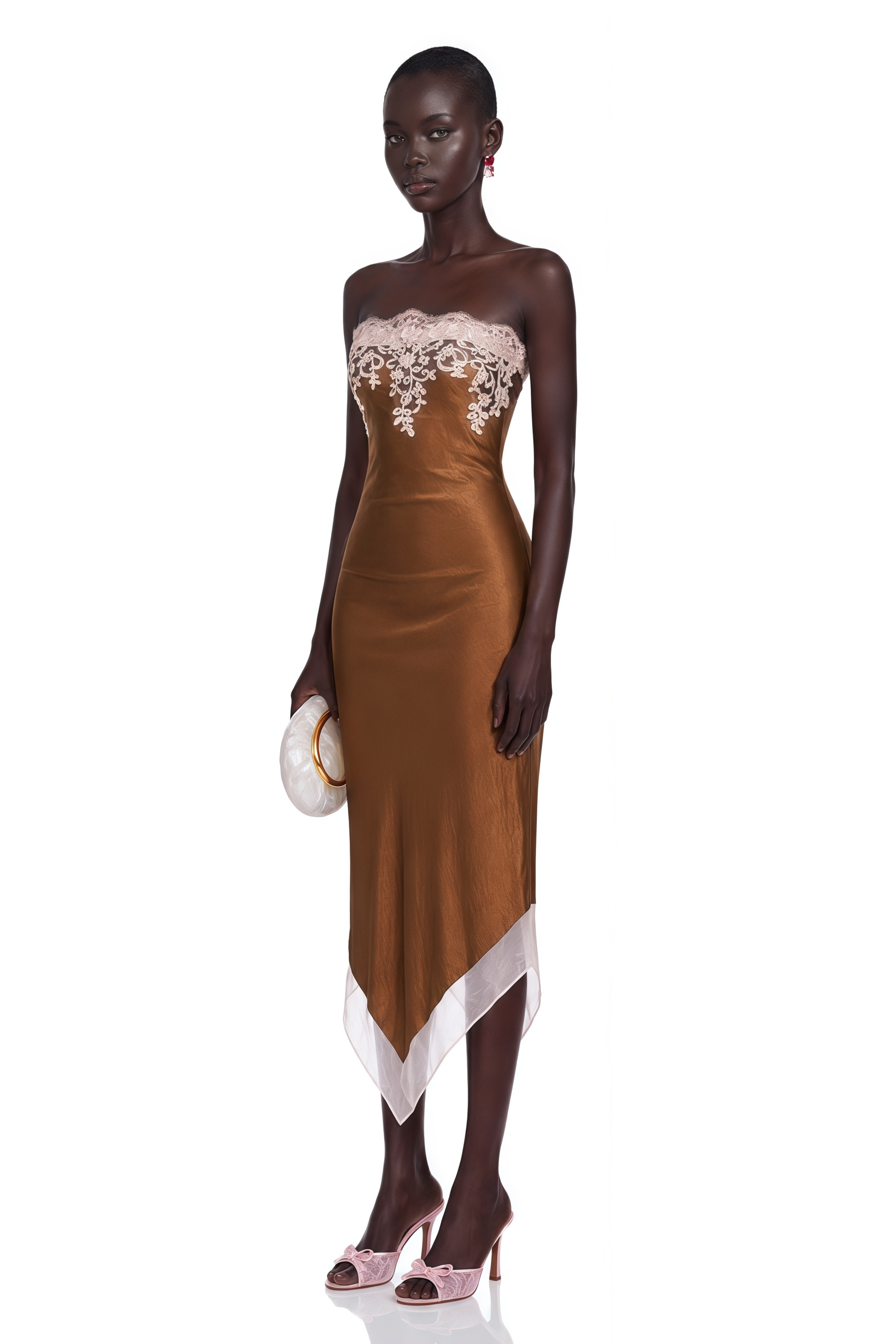 Selestia Brown Satin Strapless Midi Dress