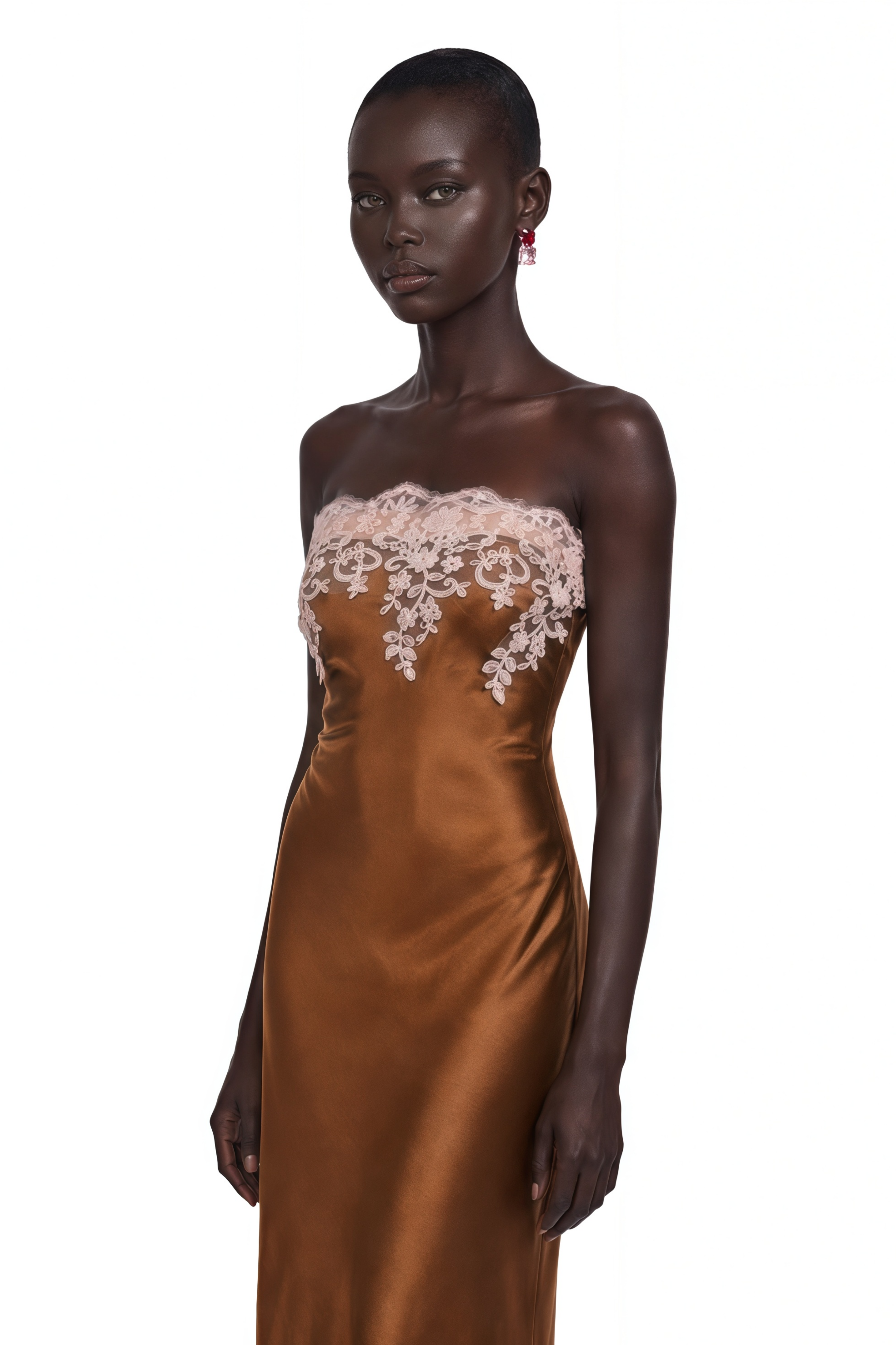 Selestia Brown Satin Strapless Midi Dress