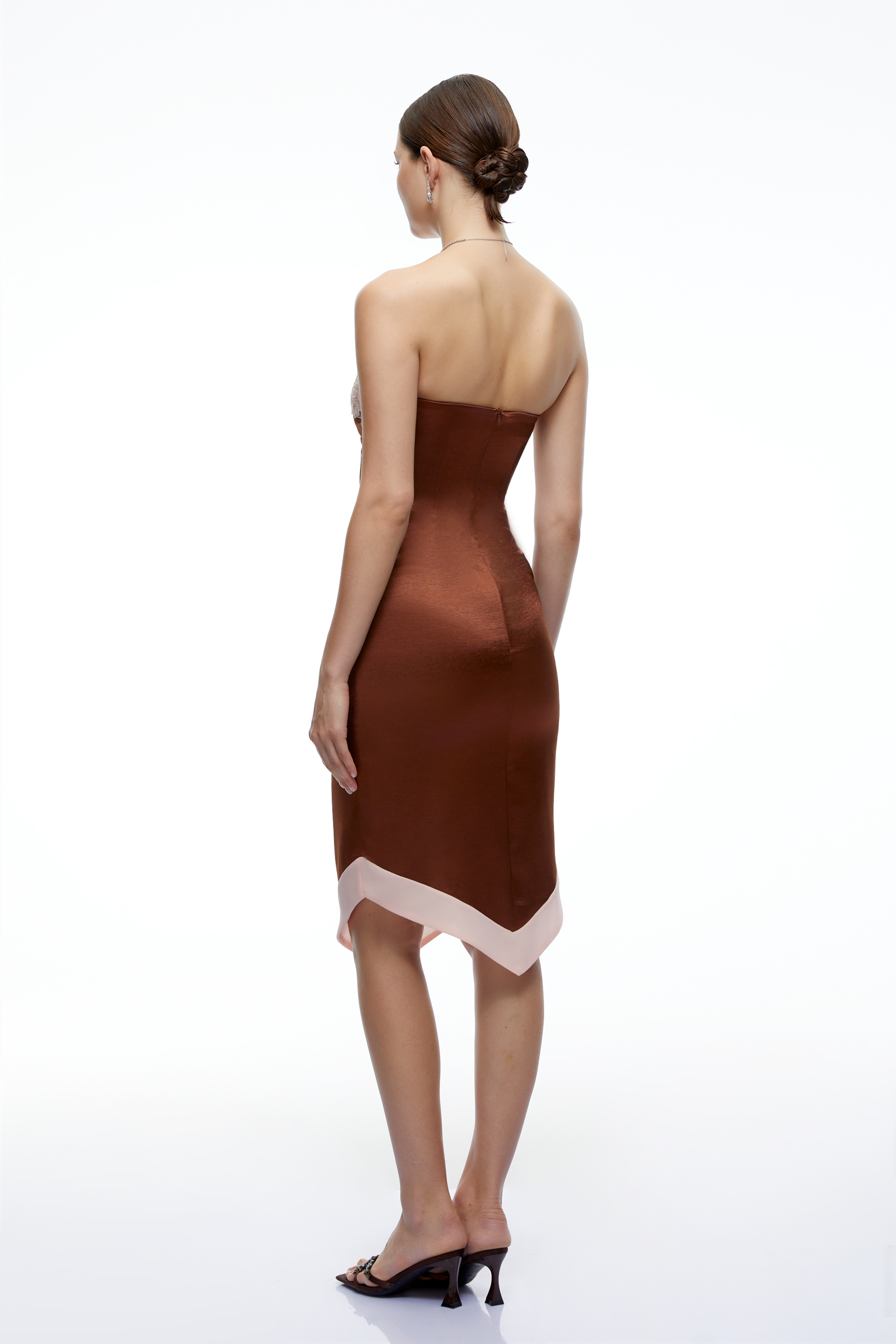 Selestia Brown Satin Strapless Midi Dress