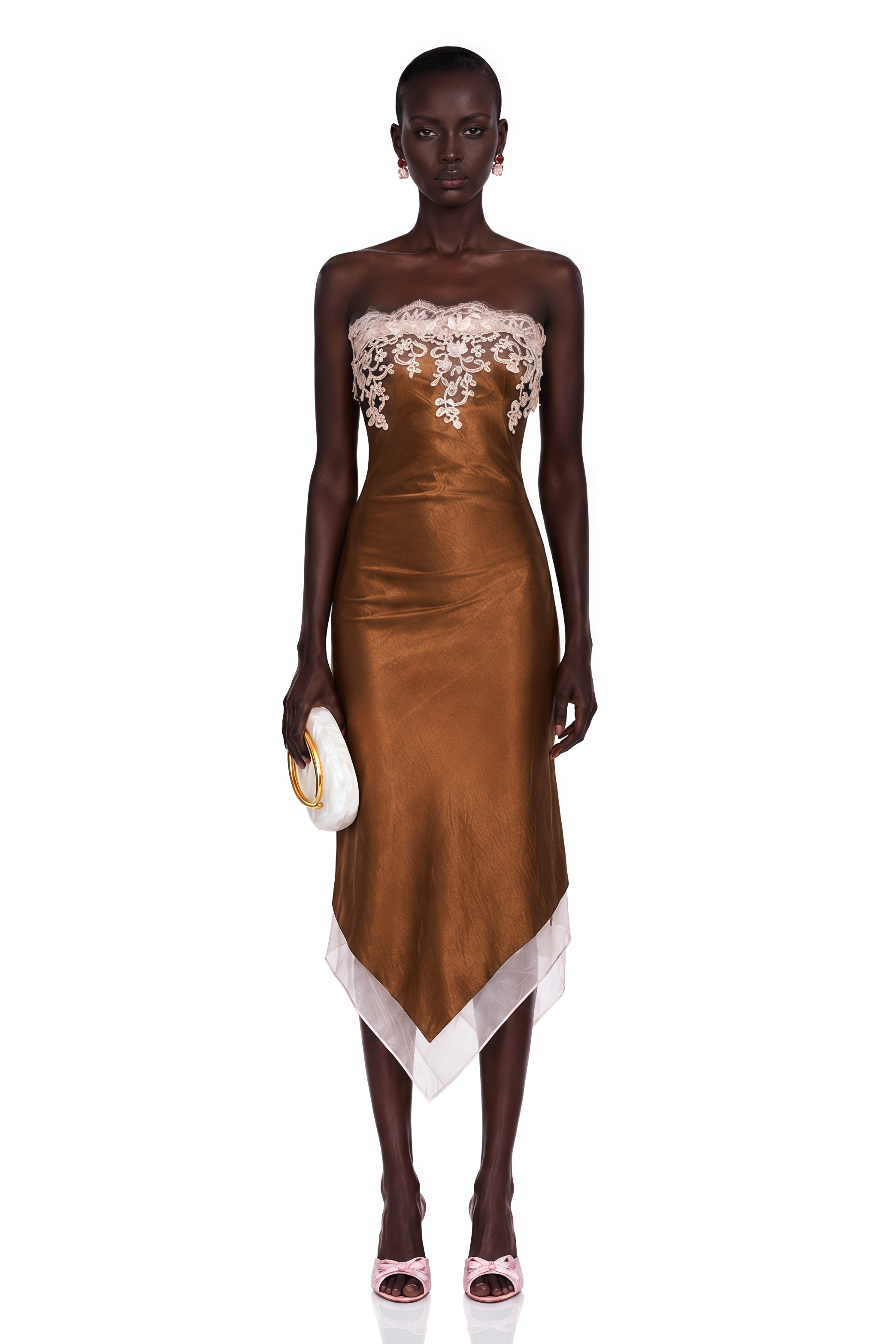 Selestia Brown Satin Strapless Midi Dress