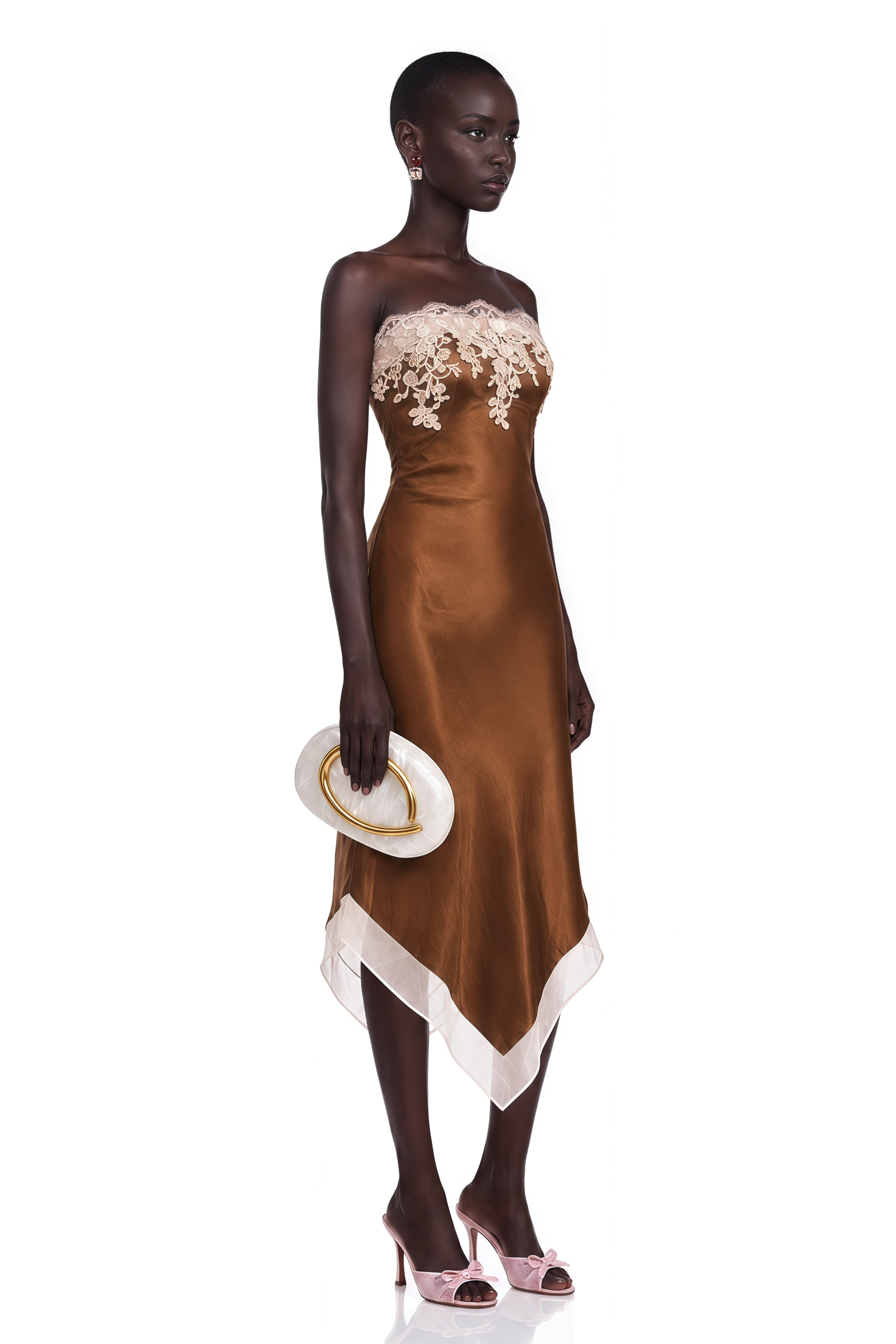 Selestia Brown Satin Strapless Midi Dress