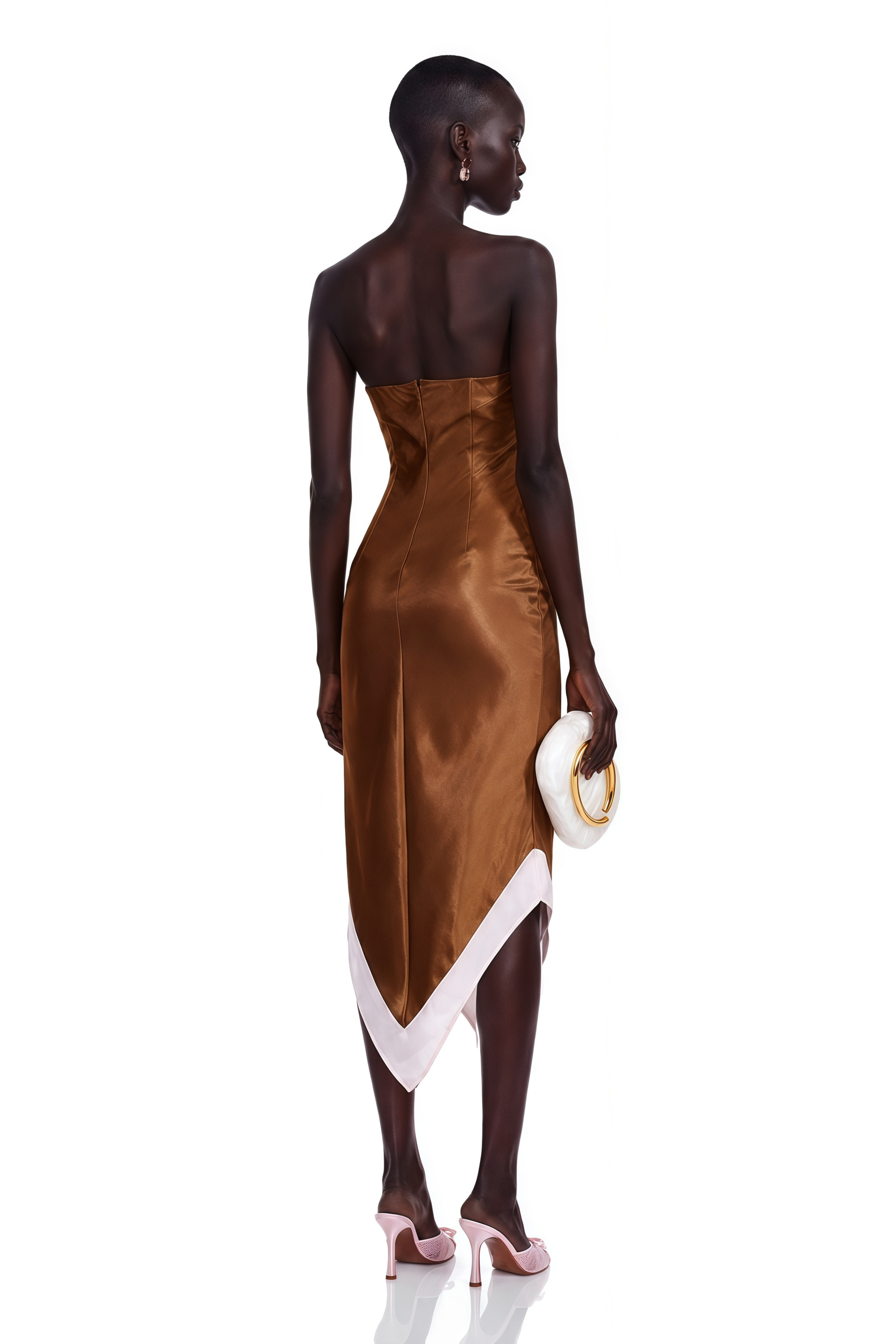 Selestia Brown Satin Strapless Midi Dress