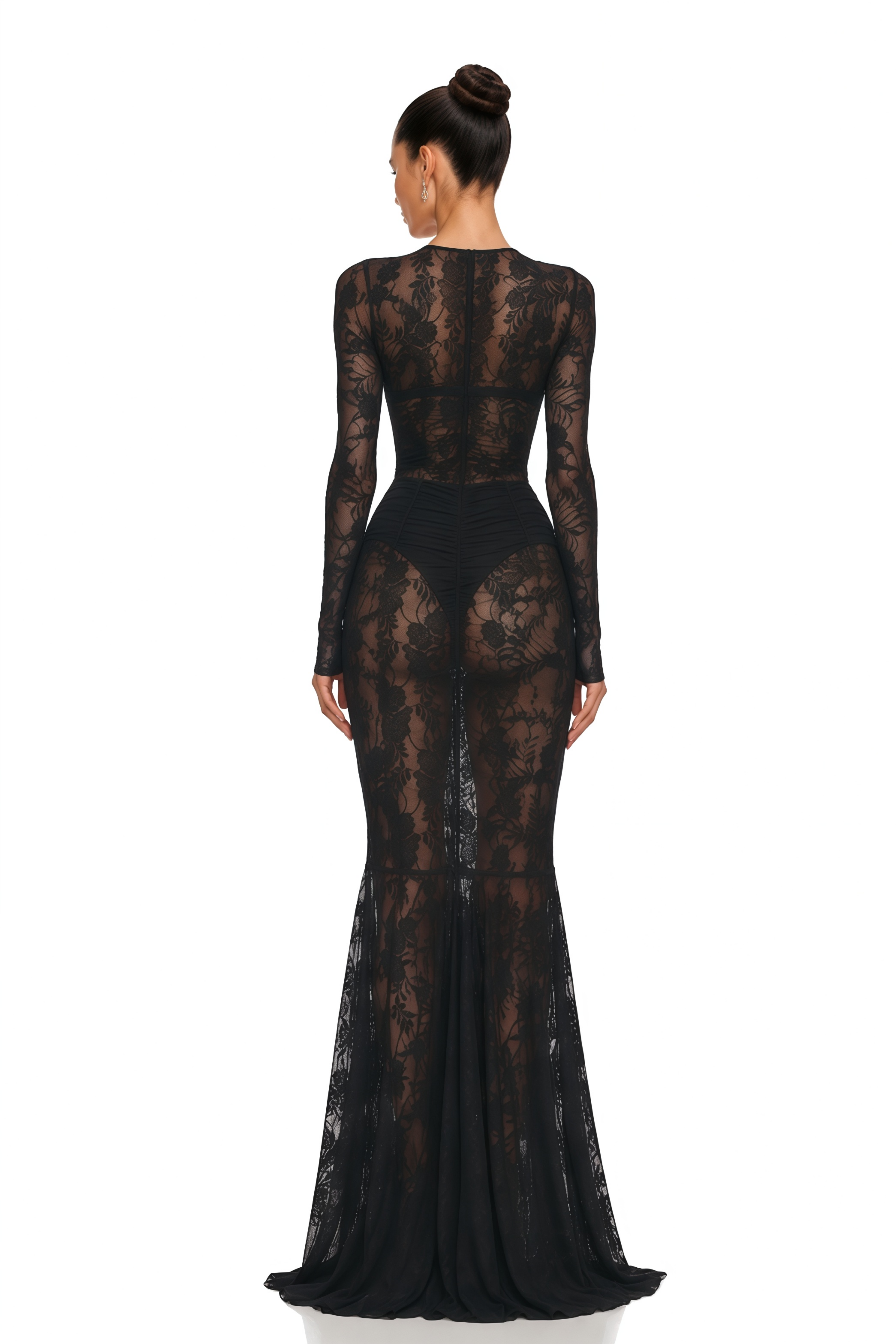 Selma Black Sheer Floral Lace Long Sleeve Mermaid Maxi Dress