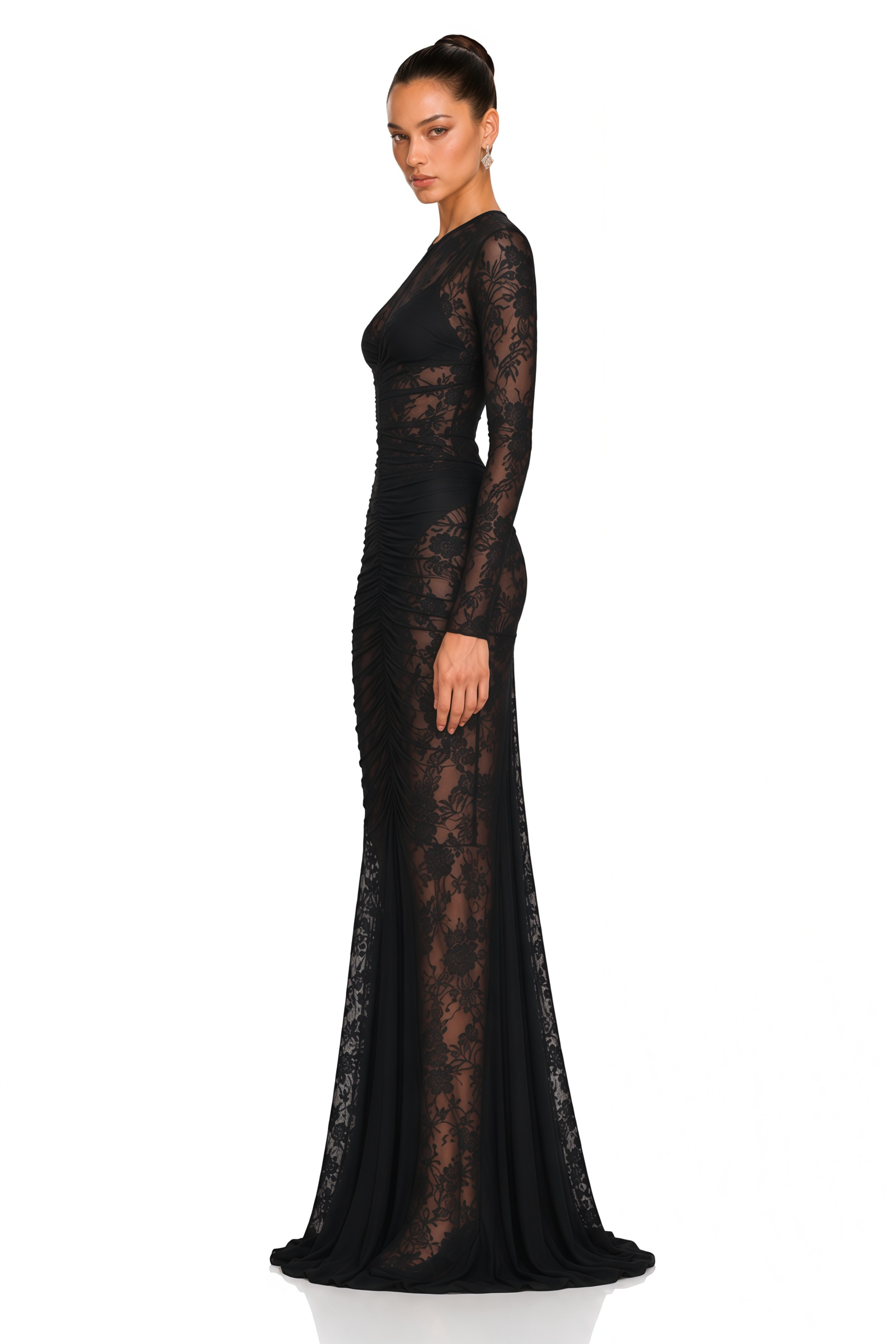 Selma Black Sheer Floral Lace Long Sleeve Mermaid Maxi Dress
