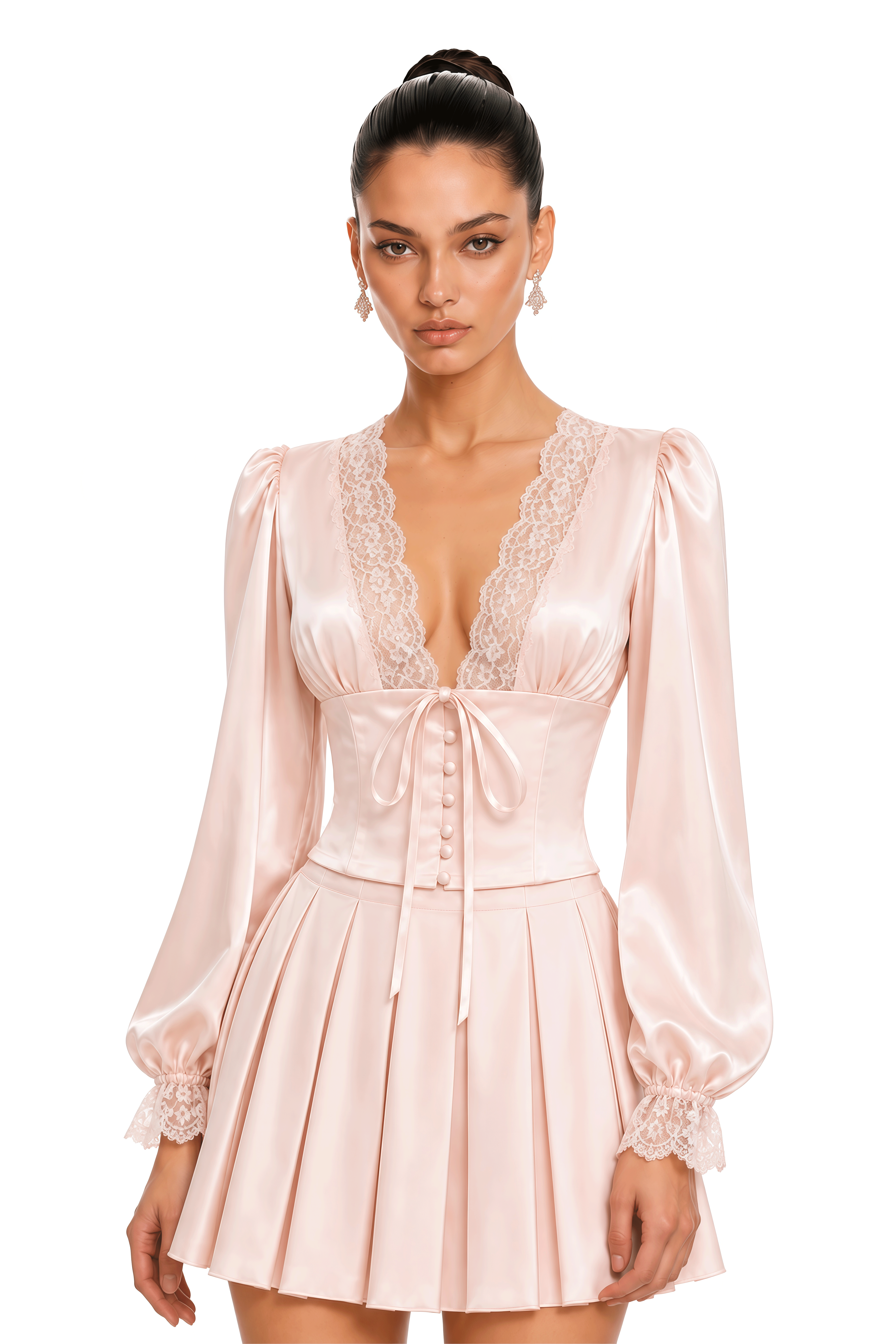 Sennen Pink Satin Lace Trim Long Sleeve Blouse