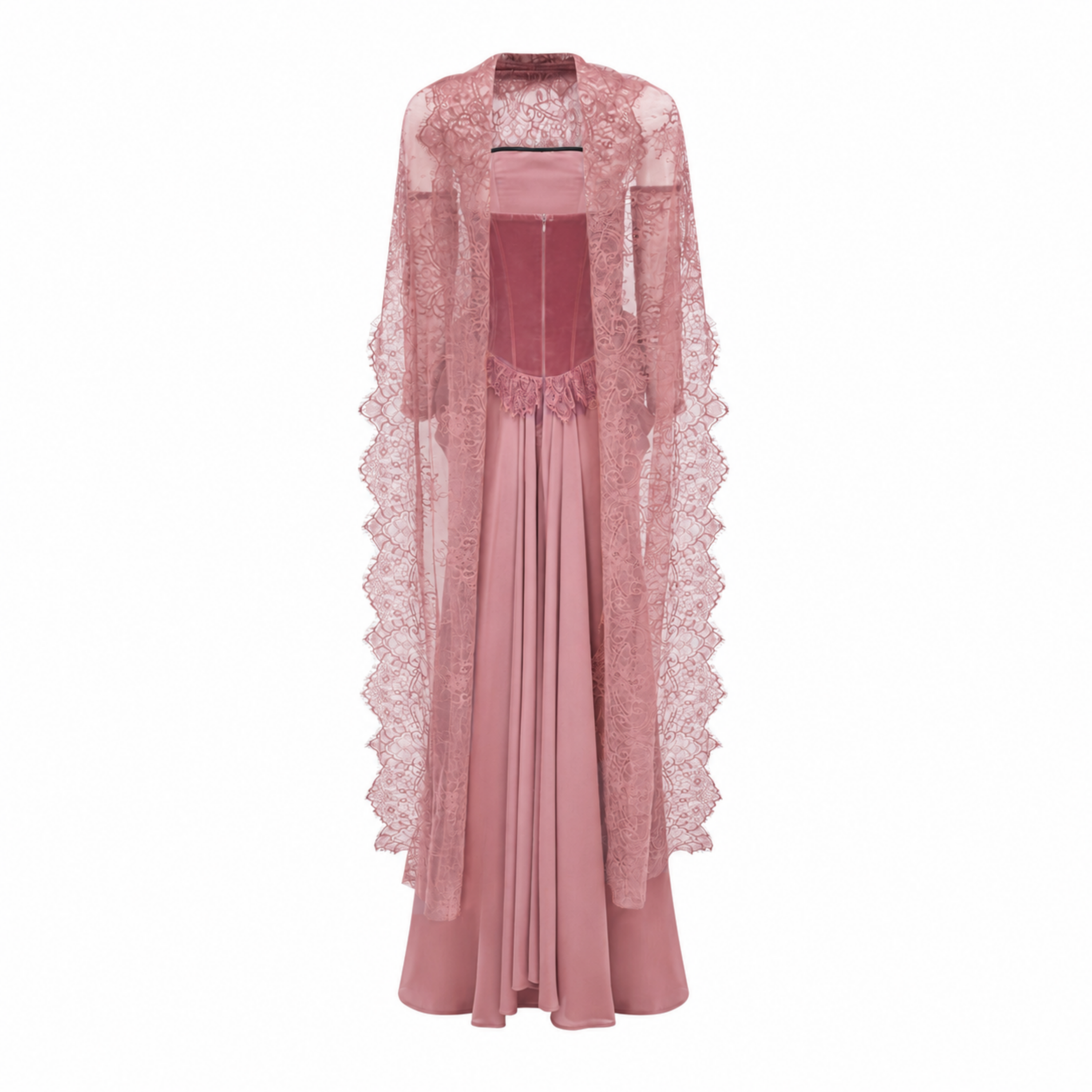 Seraphina Pink Floral Lace Maxi Dress with Cape